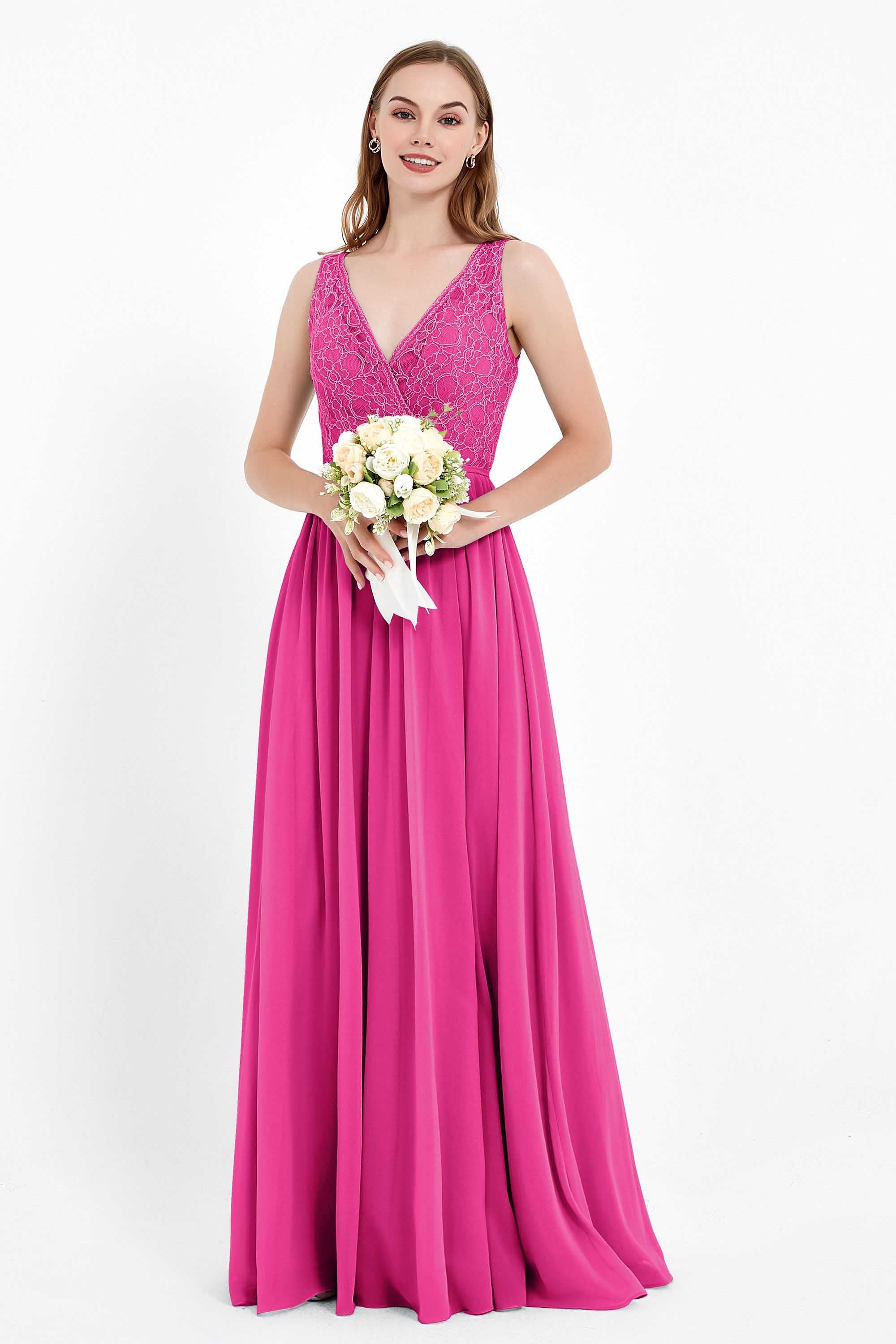 Ruched Chiffon Lace V Neck Bridesmaid Dress Sleeveless Formal Evening Dresses gowns