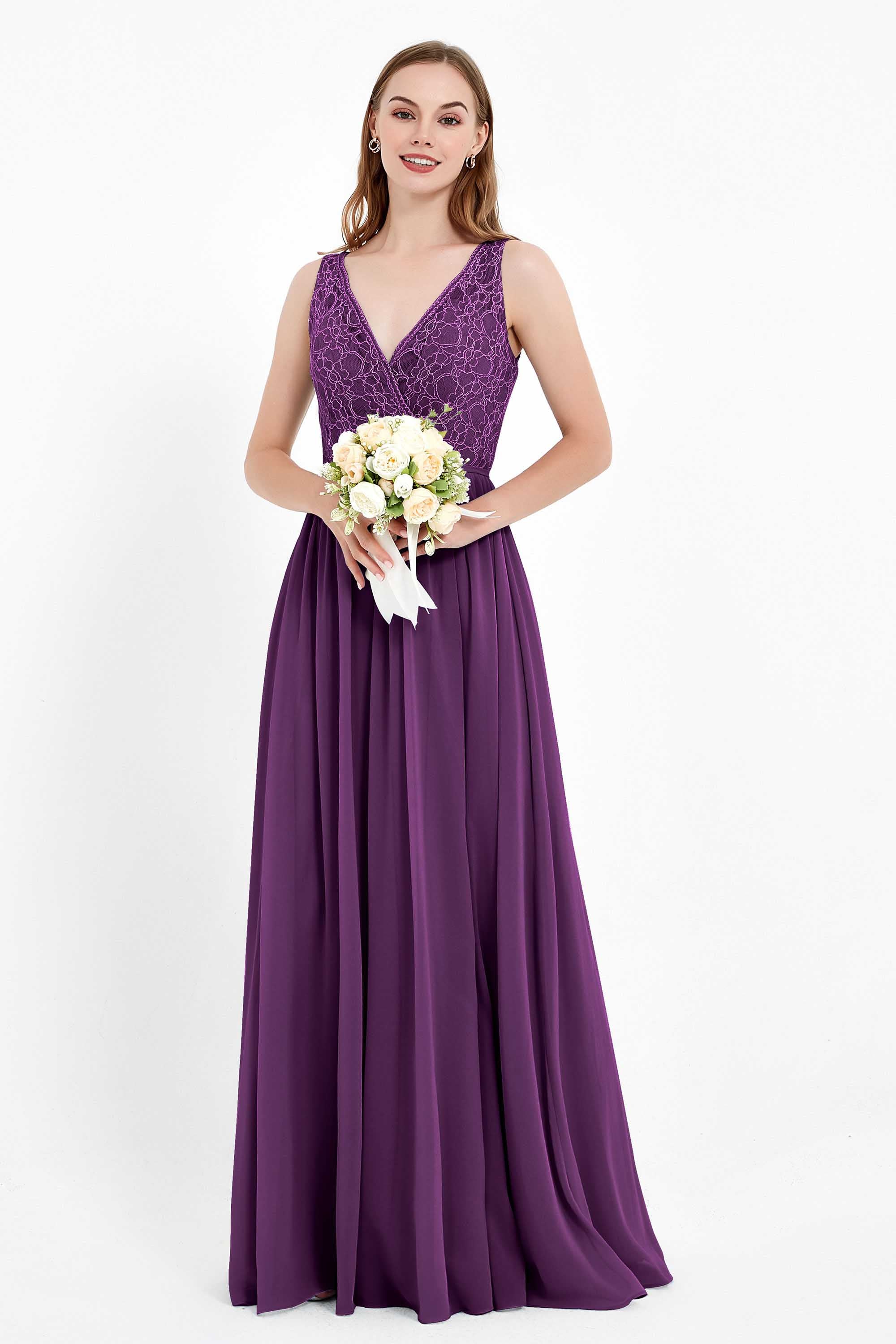 Ruched Chiffon Lace V Neck Bridesmaid Dress Sleeveless Formal Evening Dresses gowns