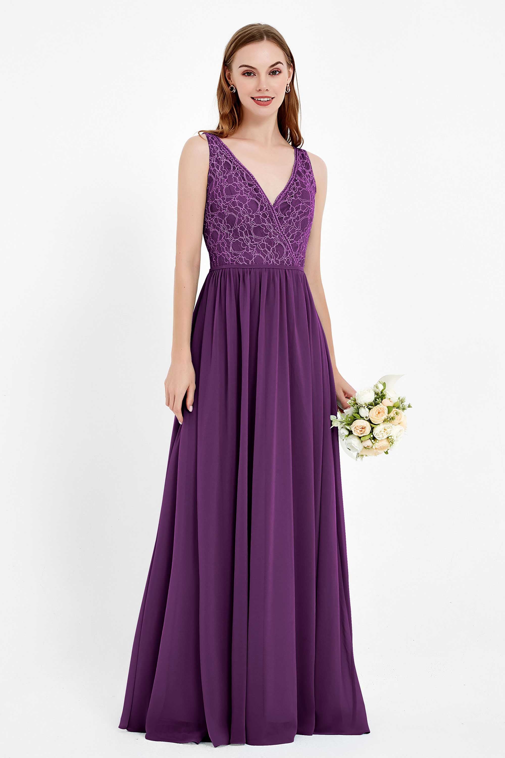 Ruched Chiffon Lace V Neck Bridesmaid Dress Sleeveless Formal Evening Dresses gowns