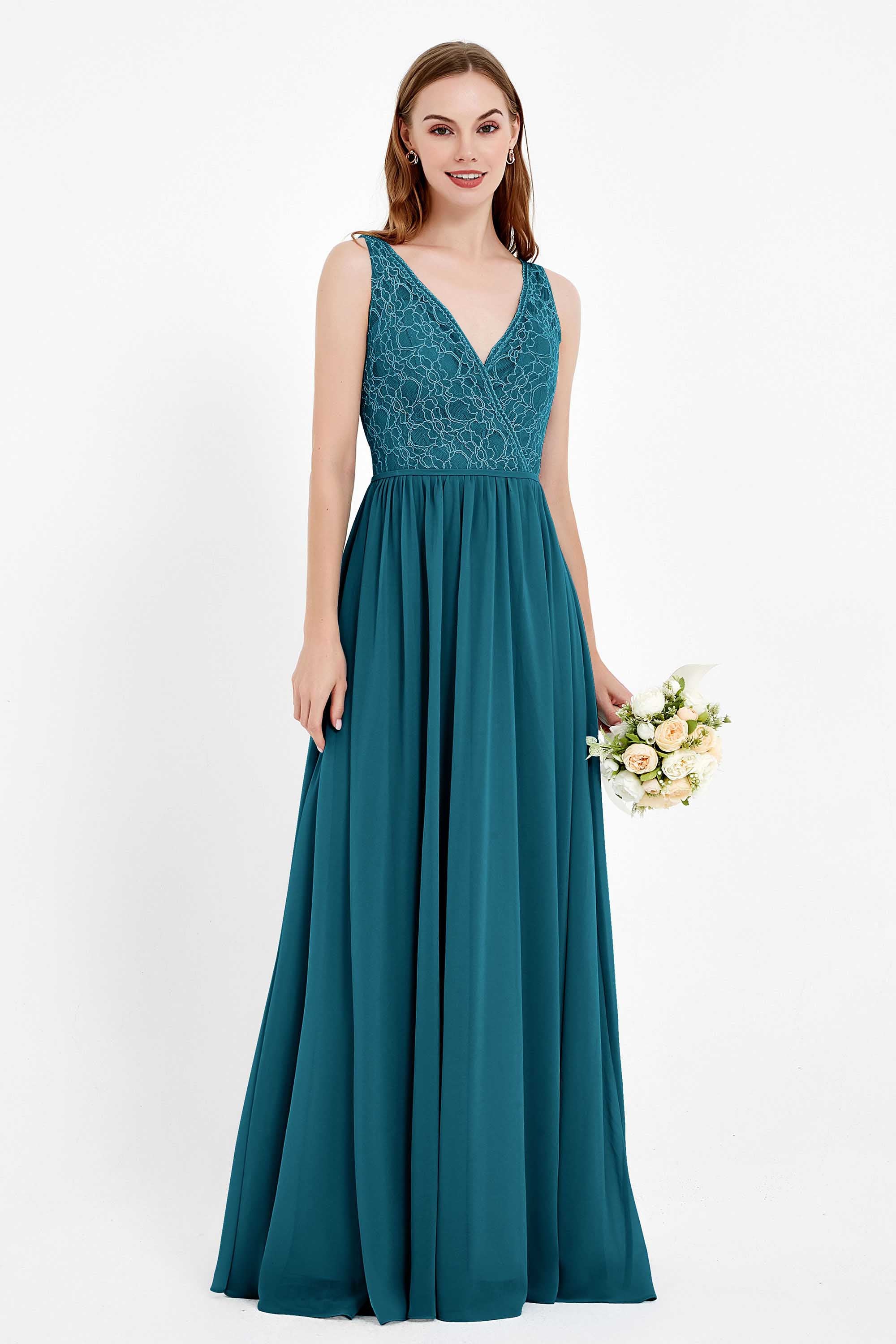 Ruched Chiffon Lace V Neck Bridesmaid Dress Sleeveless Formal Evening Dresses gowns