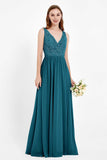 Ruched Chiffon Lace V Neck Bridesmaid Dress Sleeveless Formal Evening Dresses gowns