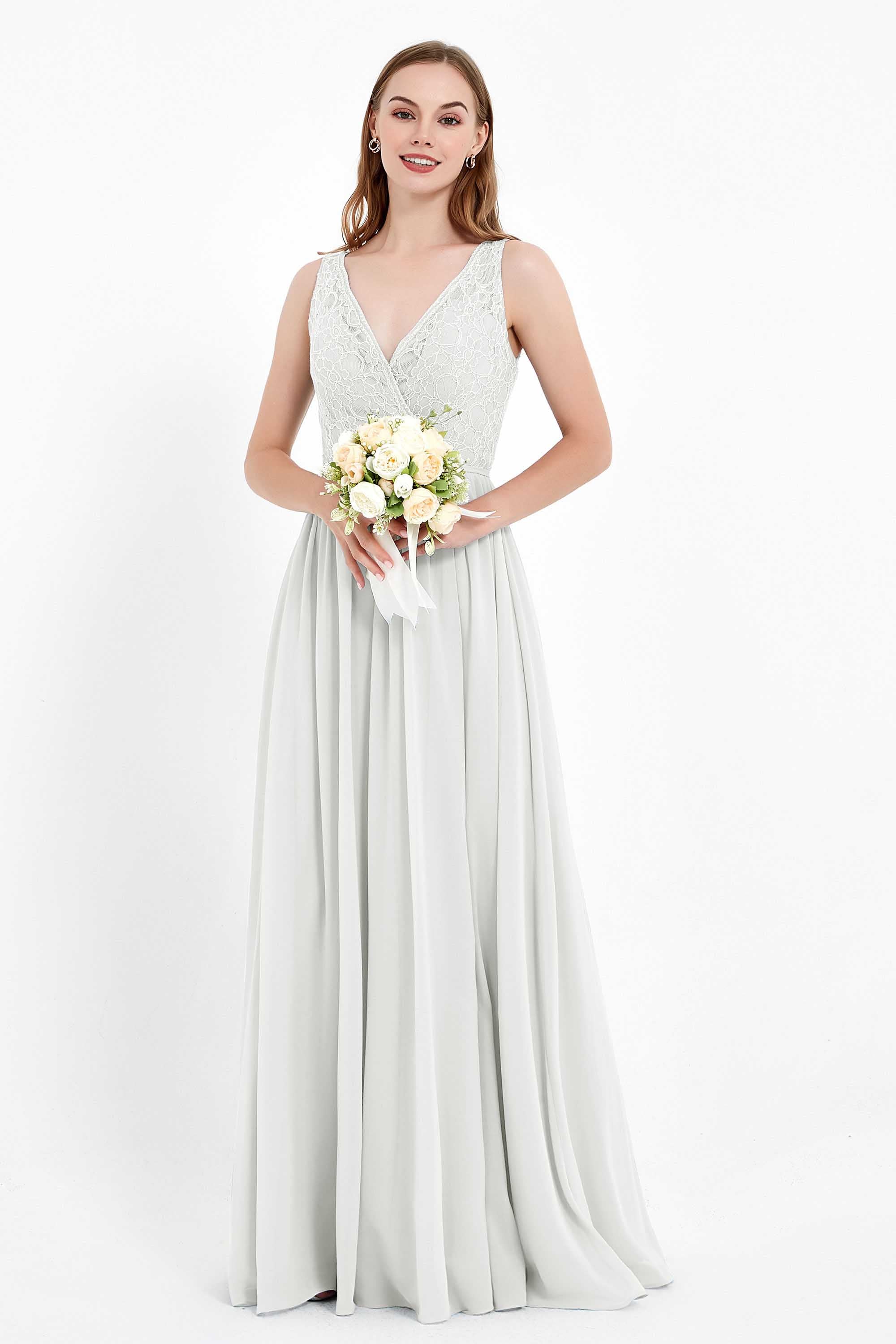 Ruched Chiffon Lace V Neck Bridesmaid Dress Sleeveless Formal Evening Dresses gowns