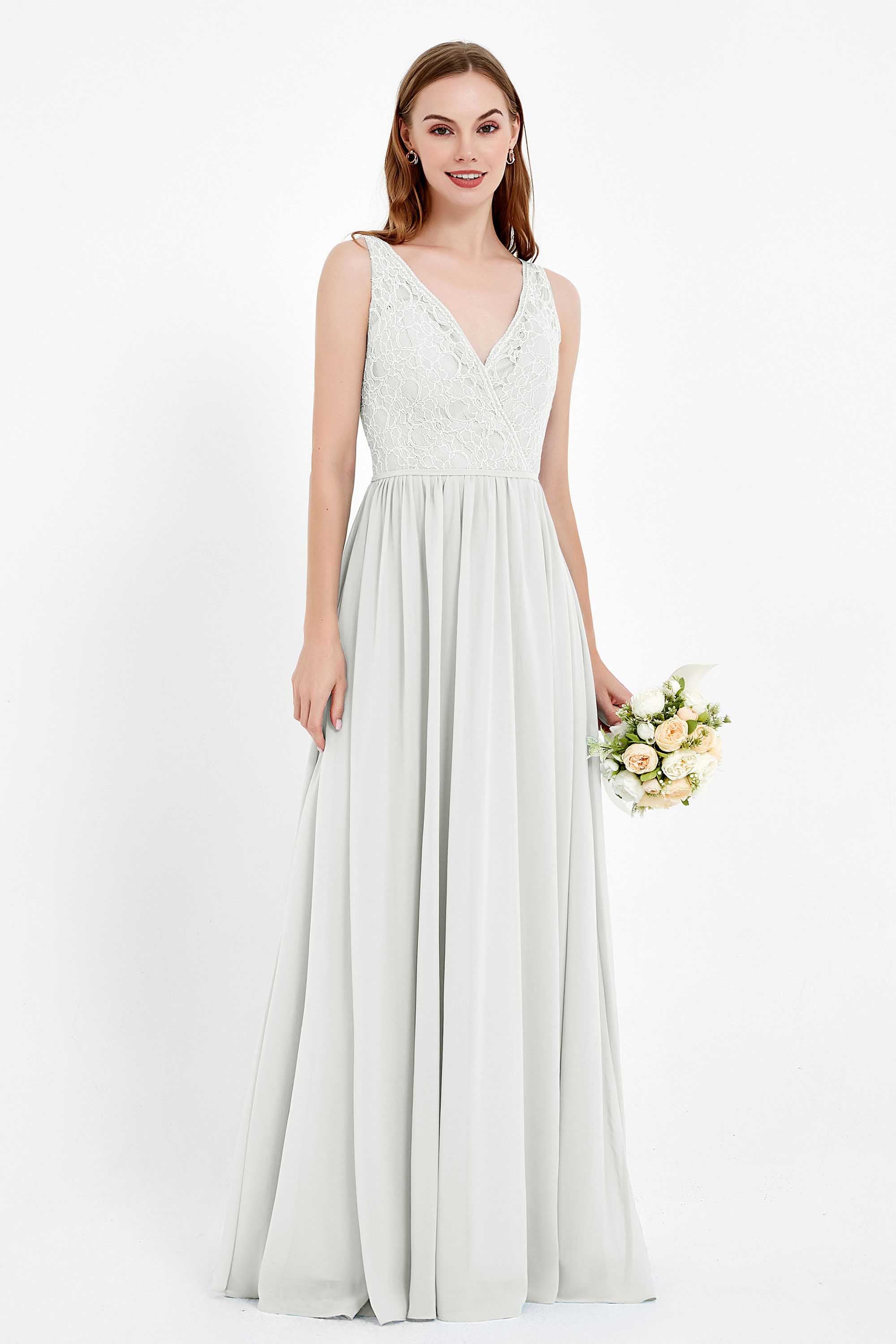 Ruched Chiffon Lace V Neck Bridesmaid Dress Sleeveless Formal Evening Dresses gowns