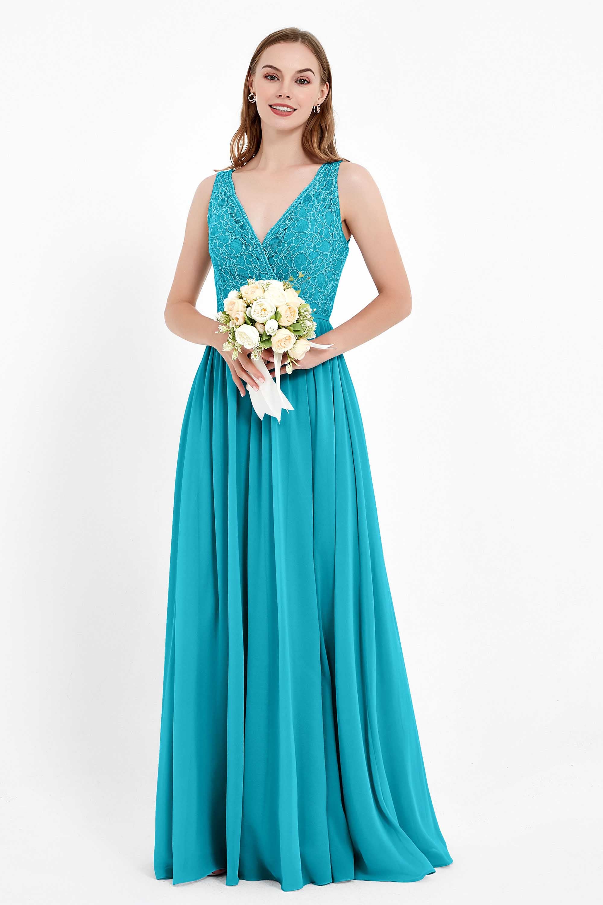 Ruched Chiffon Lace V Neck Bridesmaid Dress Sleeveless Formal Evening Dresses gowns