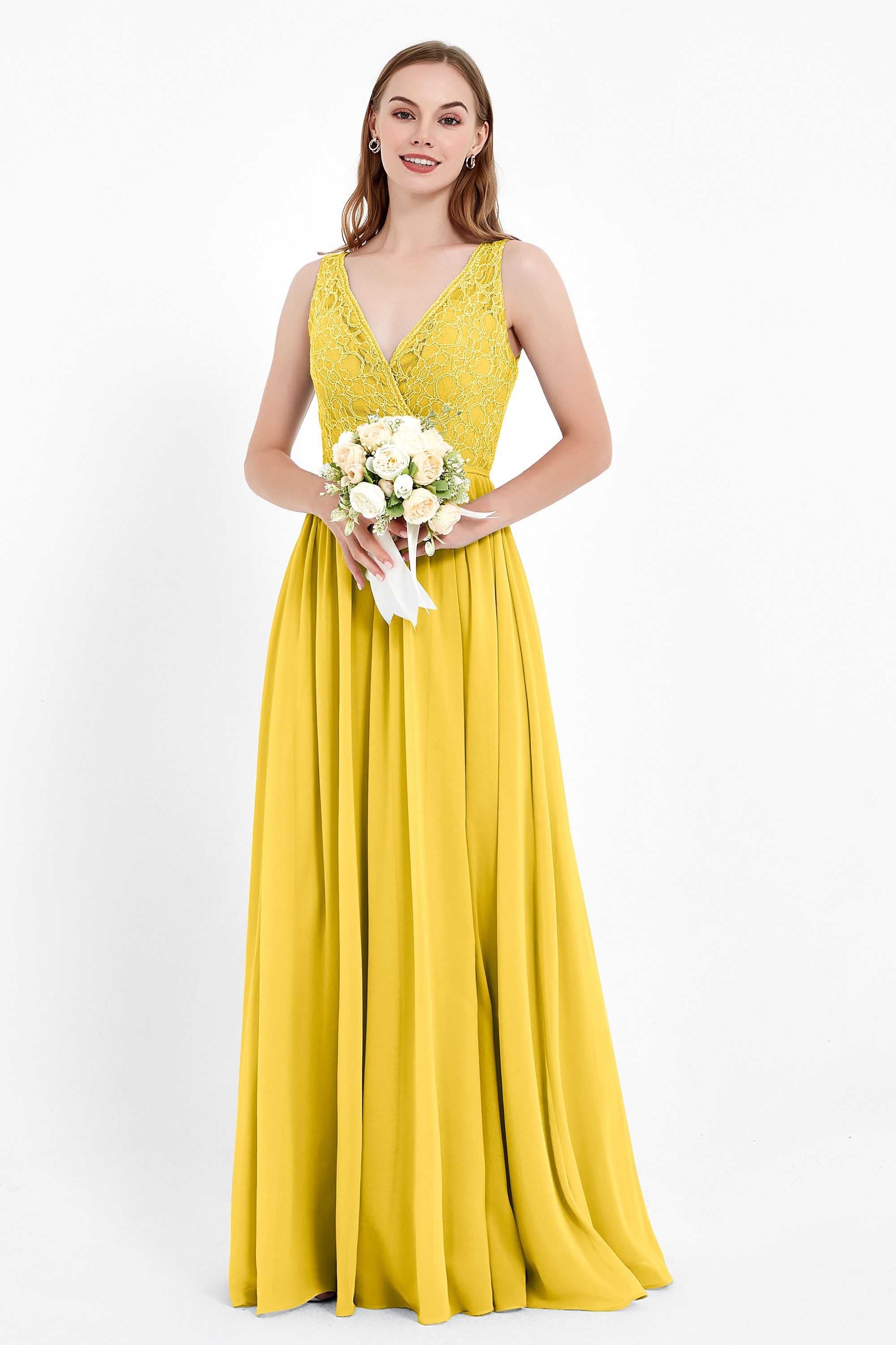 Ruched Chiffon Lace V Neck Bridesmaid Dress Sleeveless Formal Evening Dresses gowns