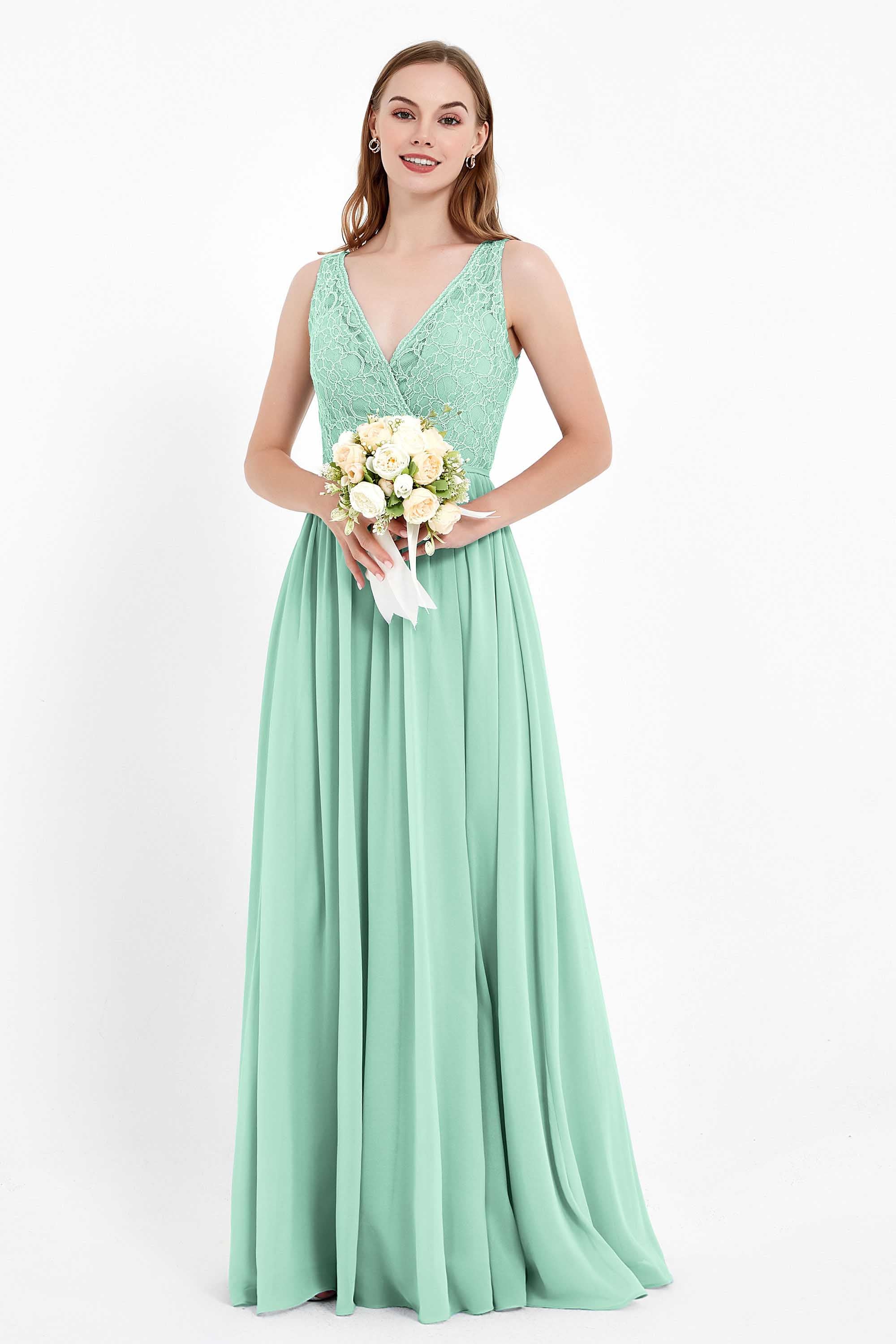 Ruched Chiffon Lace V Neck Bridesmaid Dress Sleeveless Formal Evening Dresses gowns