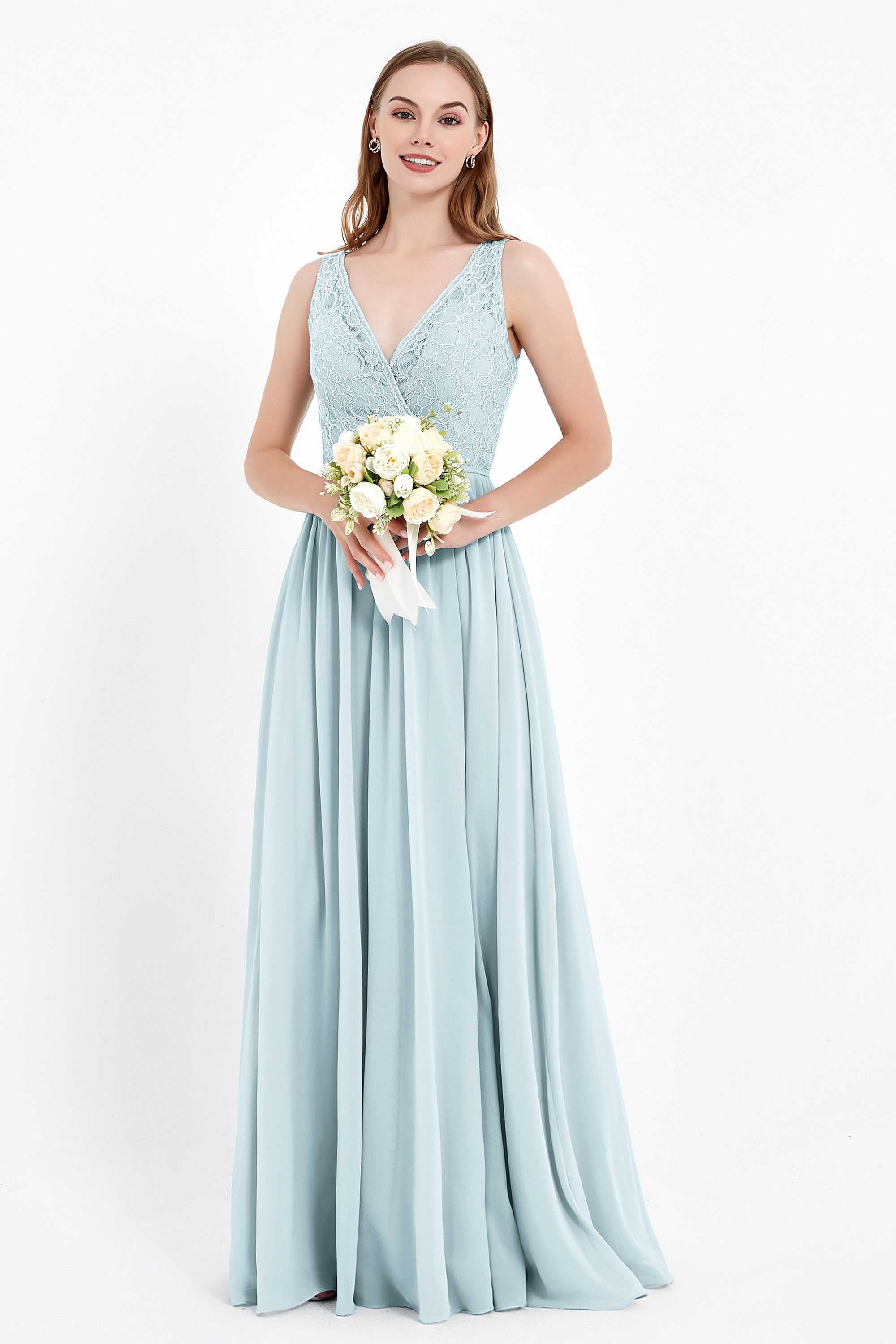 Ruched Chiffon Lace V Neck Bridesmaid Dress Sleeveless Formal Evening Dresses gowns