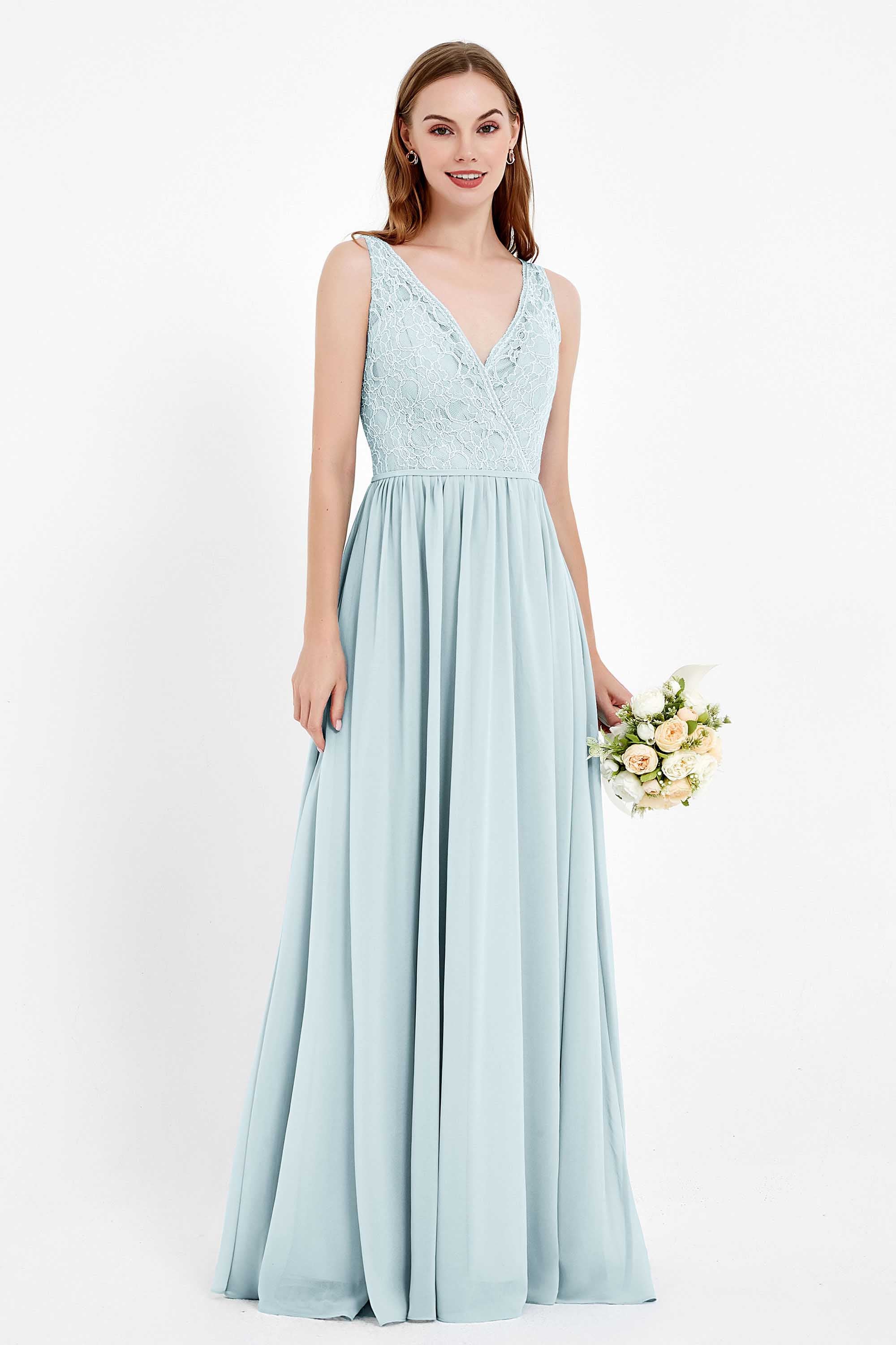 Ruched Chiffon Lace V Neck Bridesmaid Dress Sleeveless Formal Evening Dresses gowns