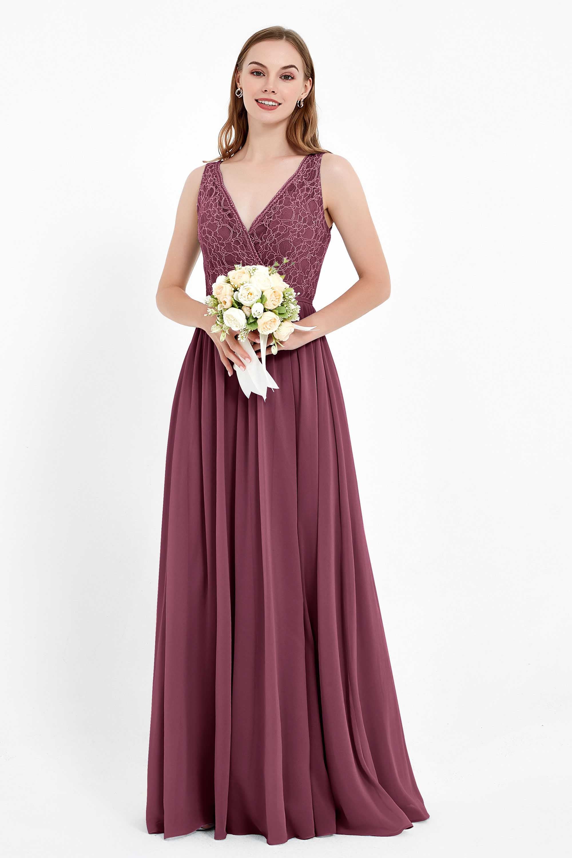 Ruched Chiffon Lace V Neck Bridesmaid Dress Sleeveless Formal Evening Dresses gowns