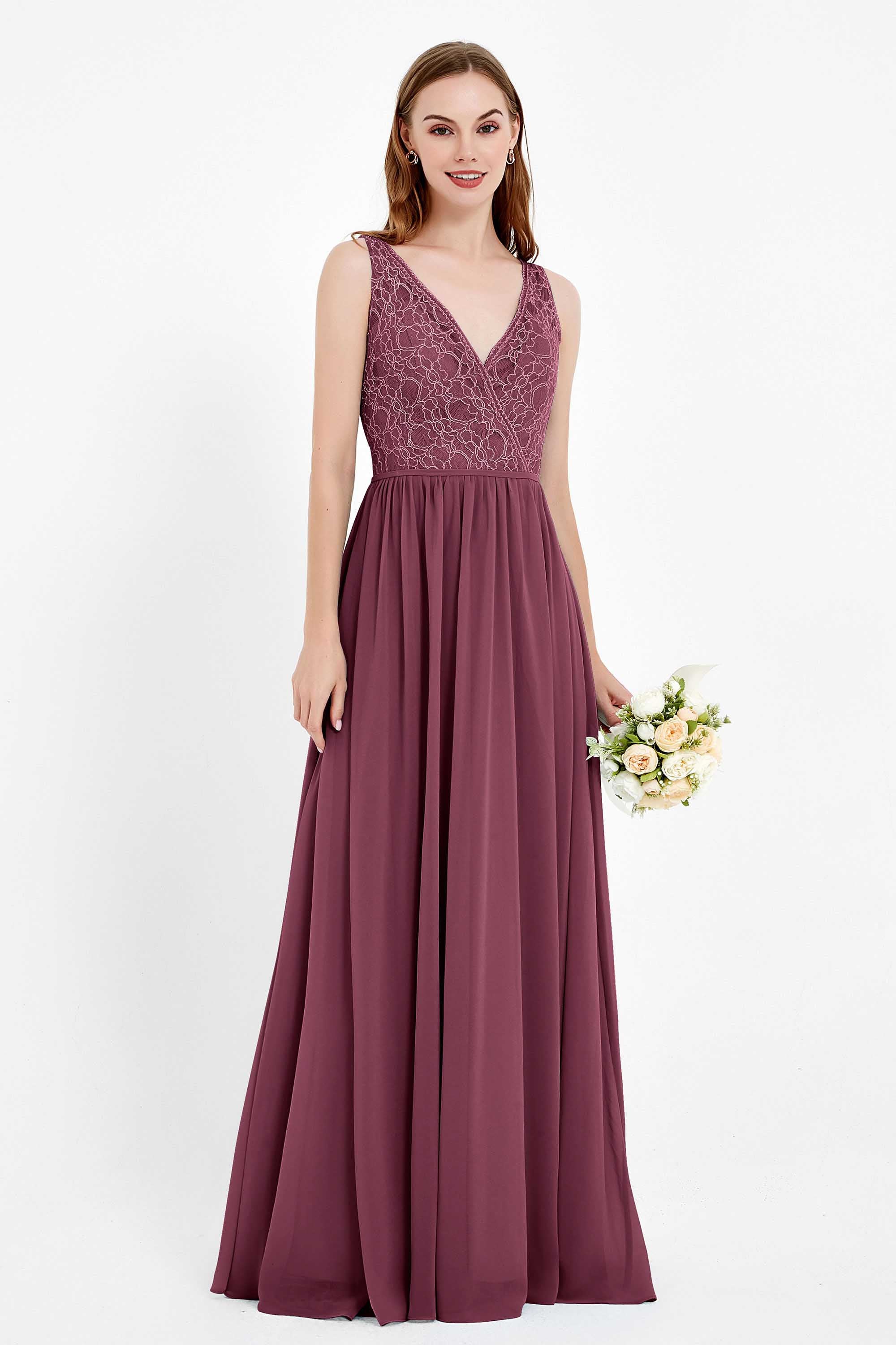 Ruched Chiffon Lace V Neck Bridesmaid Dress Sleeveless Formal Evening Dresses gowns