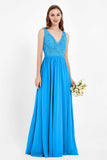 Ruched Chiffon Lace V Neck Bridesmaid Dress Sleeveless Formal Evening Dresses gowns