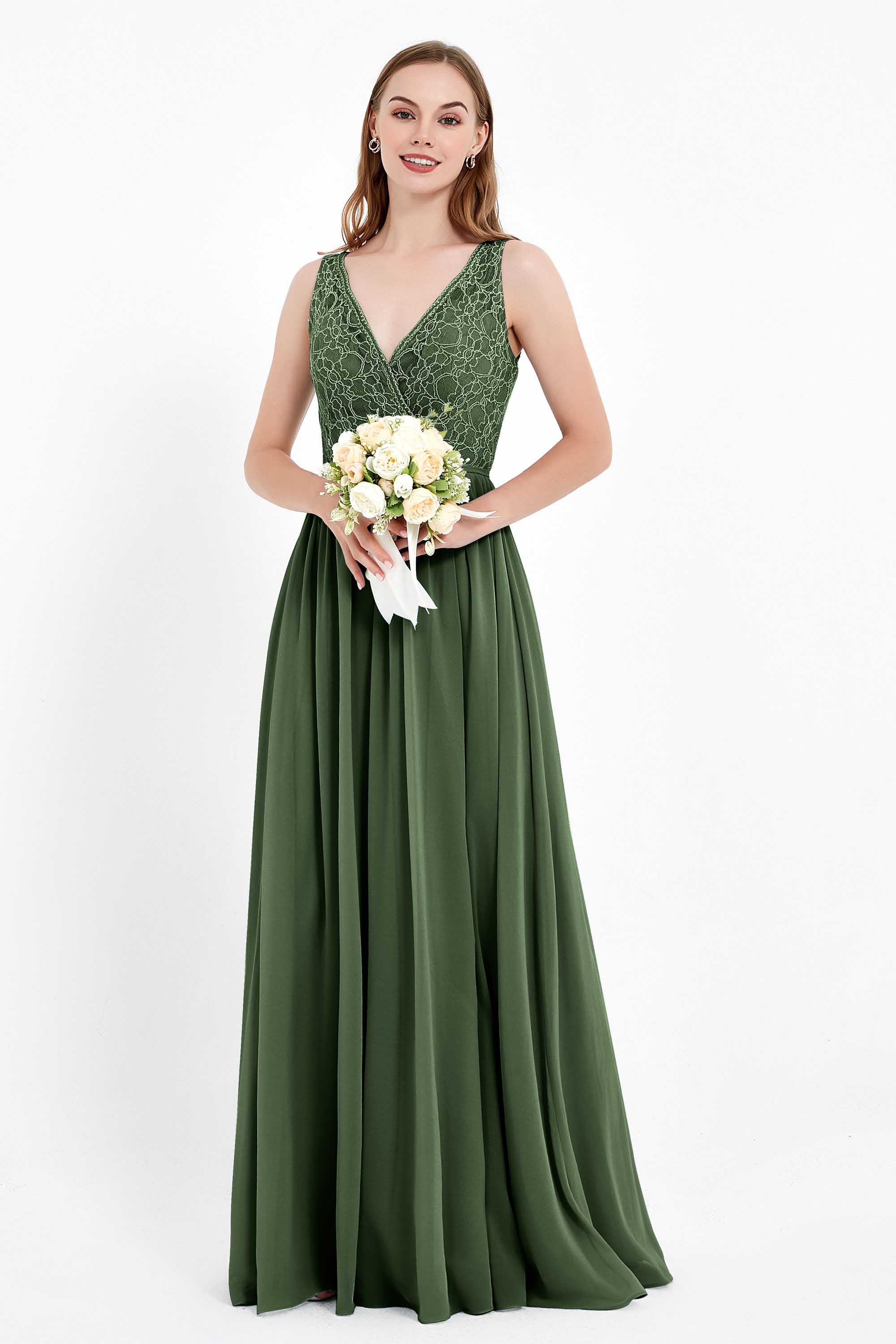 Ruched Chiffon Lace V Neck Bridesmaid Dress Sleeveless Formal Evening Dresses gowns