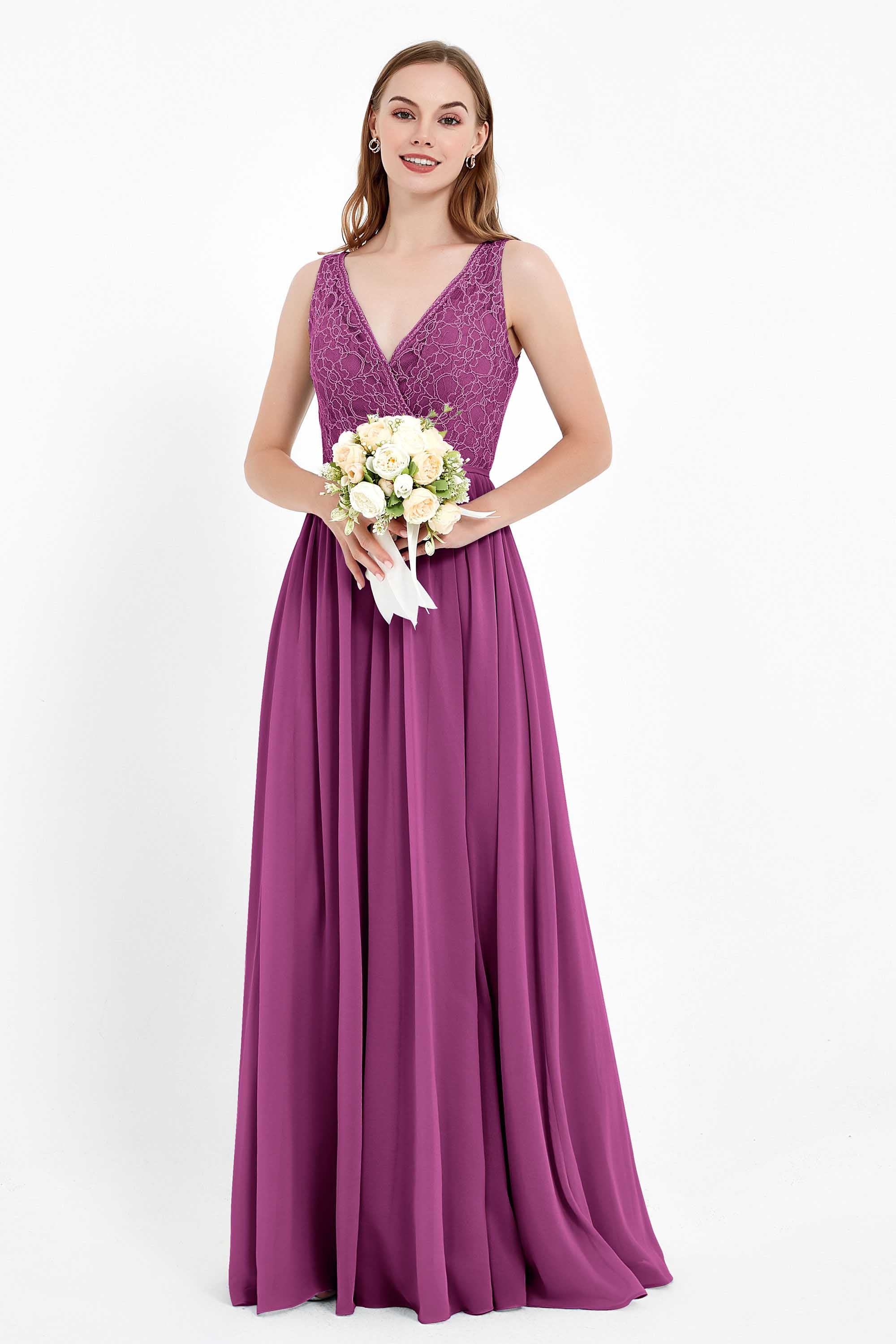 Ruched Chiffon Lace V Neck Bridesmaid Dress Sleeveless Formal Evening Dresses gowns