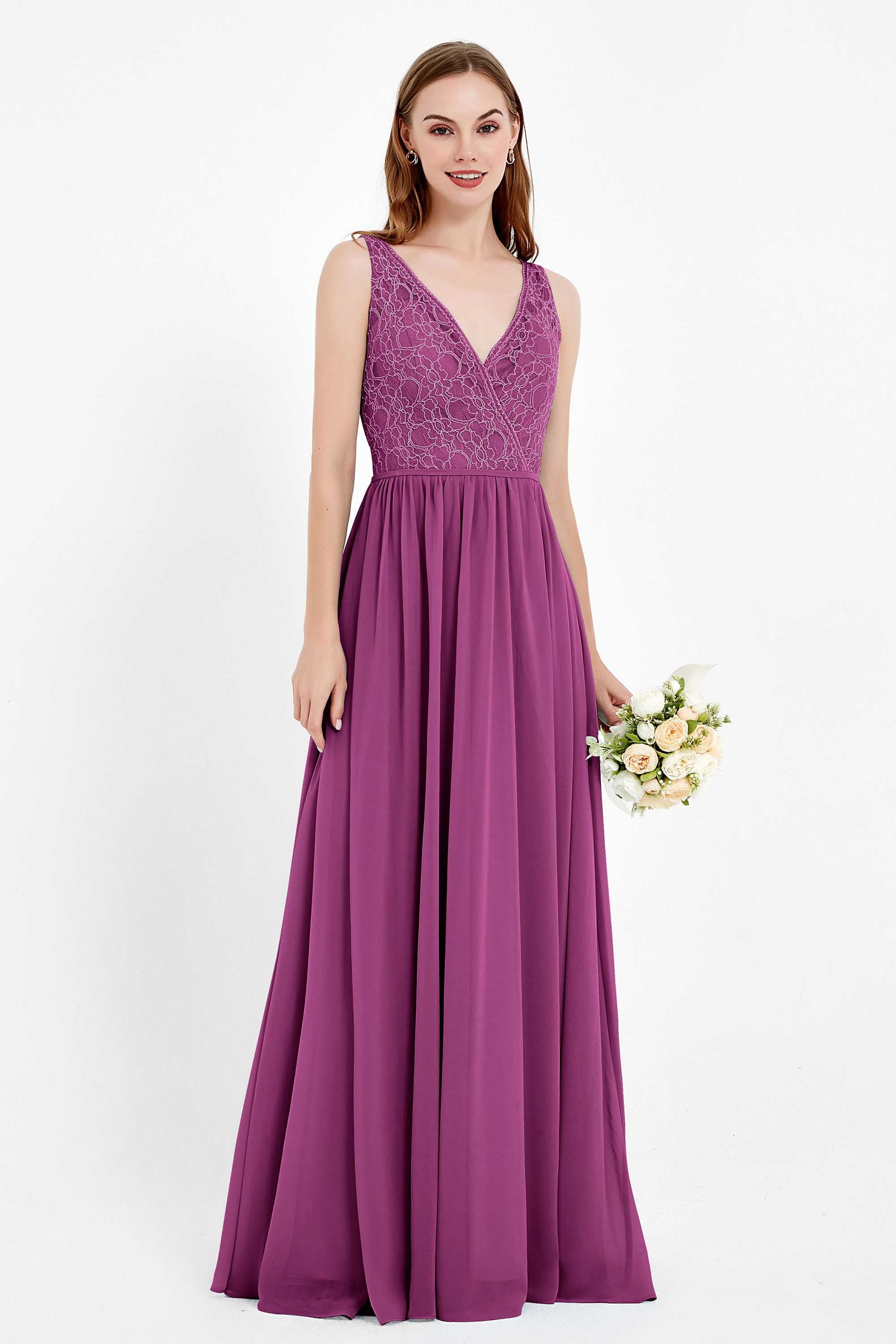 Ruched Chiffon Lace V Neck Bridesmaid Dress Sleeveless Formal Evening Dresses gowns