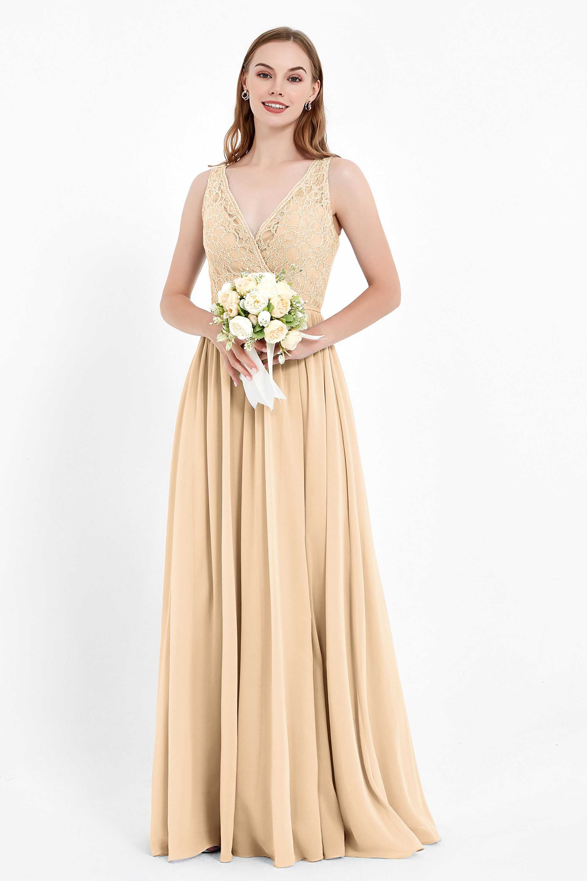 Ruched Chiffon Lace V Neck Bridesmaid Dress Sleeveless Formal Evening Dresses gowns