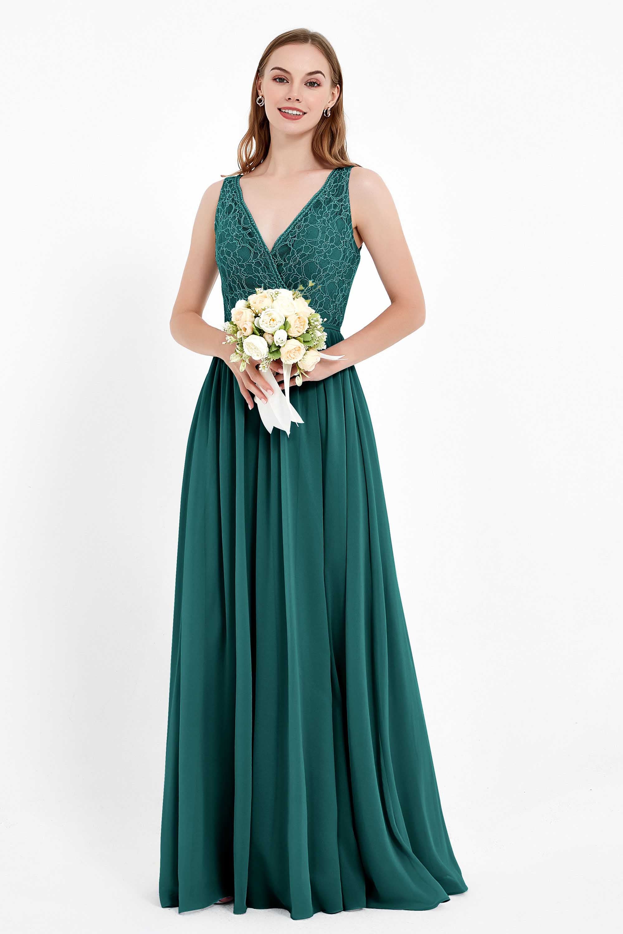 Ruched Chiffon Lace V Neck Bridesmaid Dress Sleeveless Formal Evening Dresses gowns