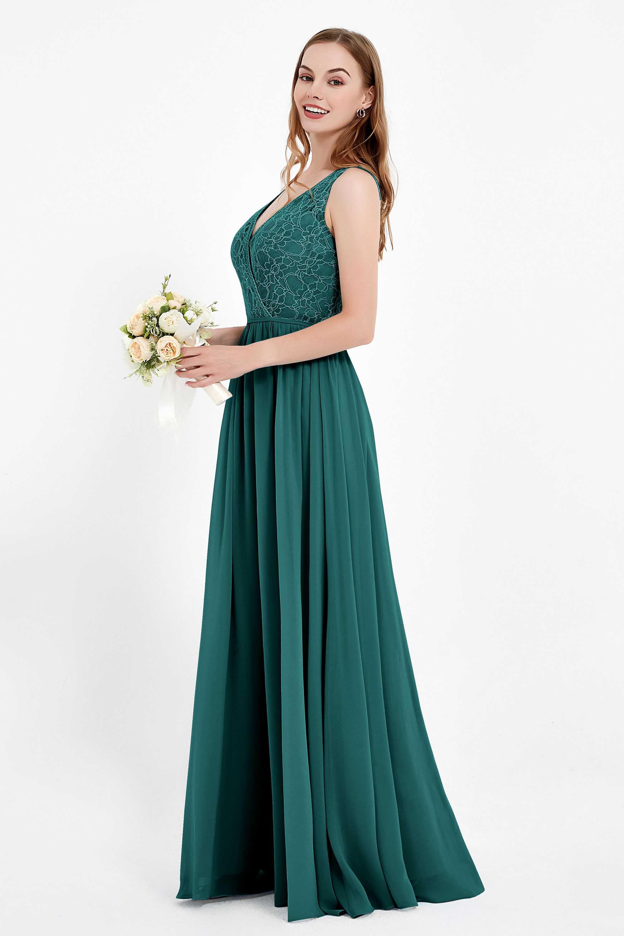 Ruched Chiffon Lace V Neck Bridesmaid Dress Sleeveless Formal Evening Dresses gowns