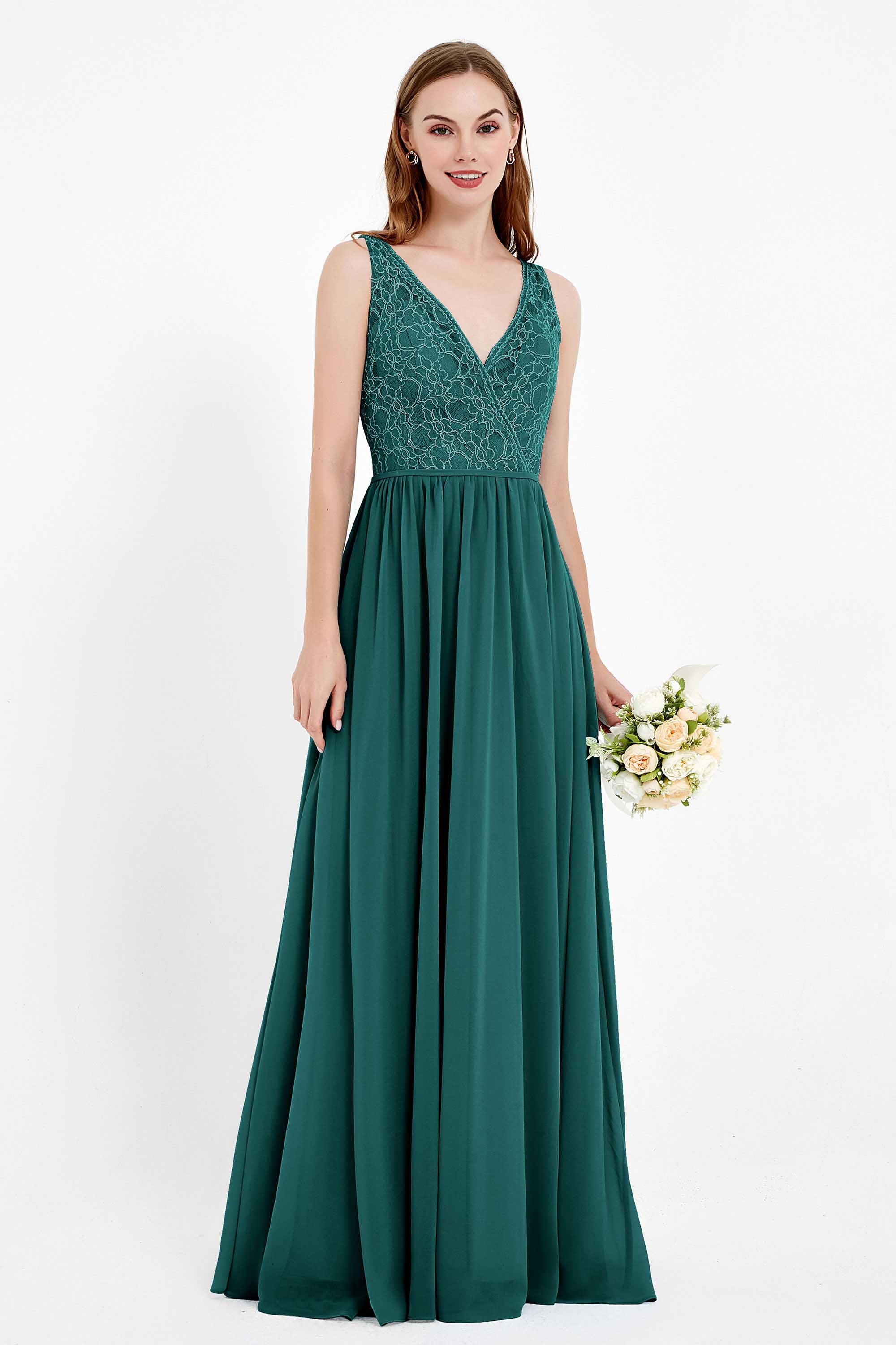 Ruched Chiffon Lace V Neck Bridesmaid Dress Sleeveless Formal Evening Dresses gowns
