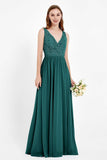 Ruched Chiffon Lace V Neck Bridesmaid Dress Sleeveless Formal Evening Dresses gowns