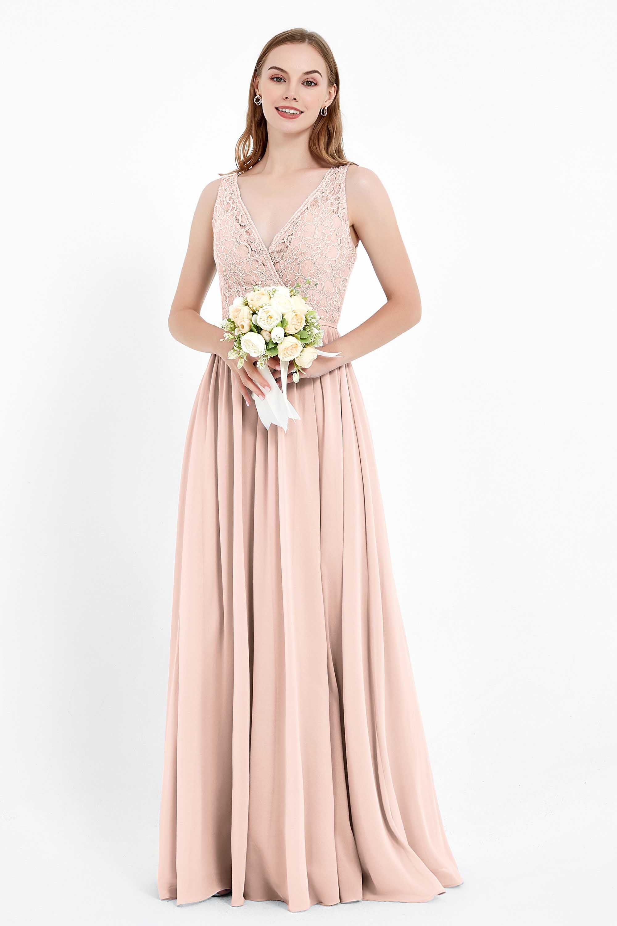 Ruched Chiffon Lace V Neck Bridesmaid Dress Sleeveless Formal Evening Dresses gowns