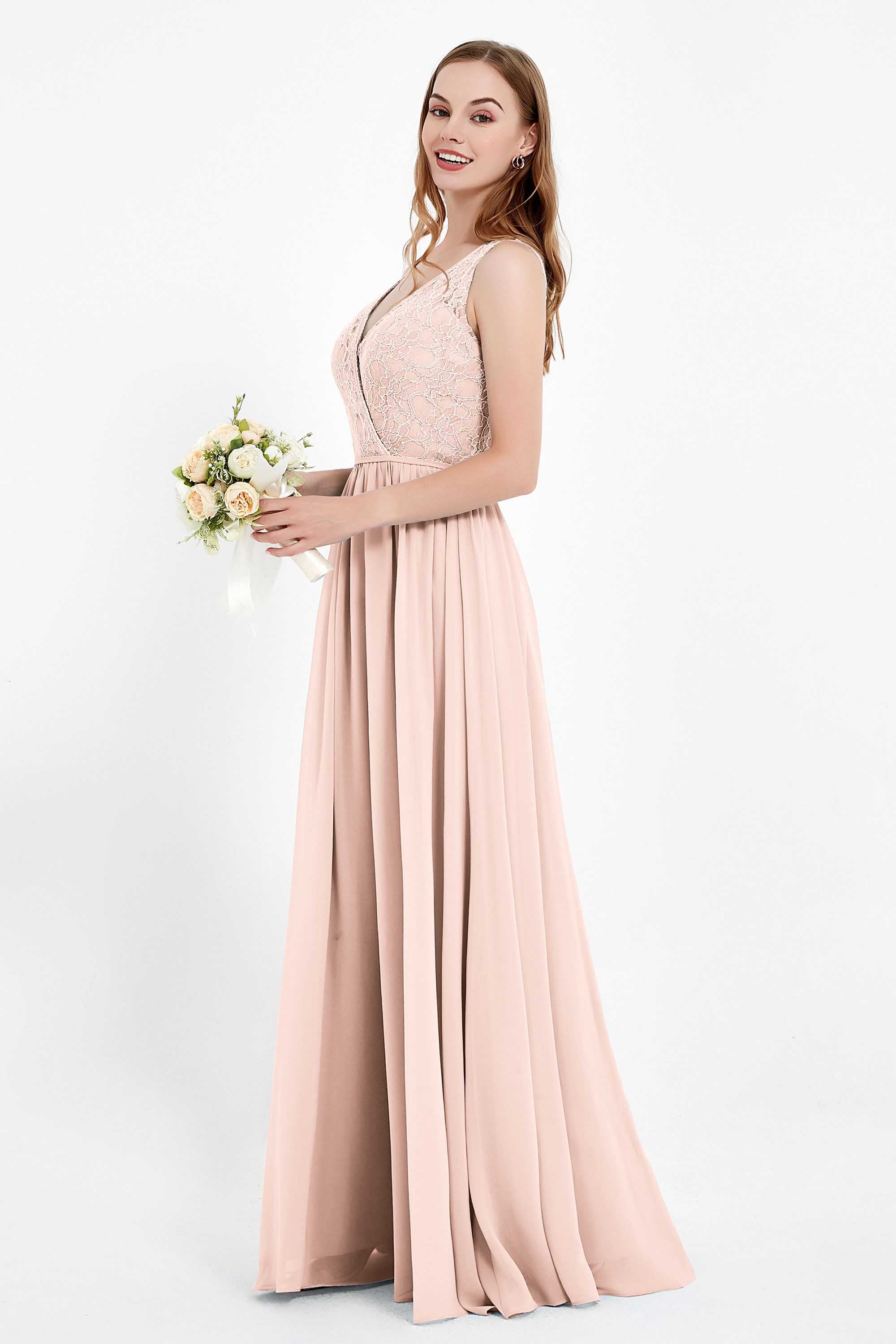 Ruched Chiffon Lace V Neck Bridesmaid Dress Sleeveless Formal Evening Dresses gowns