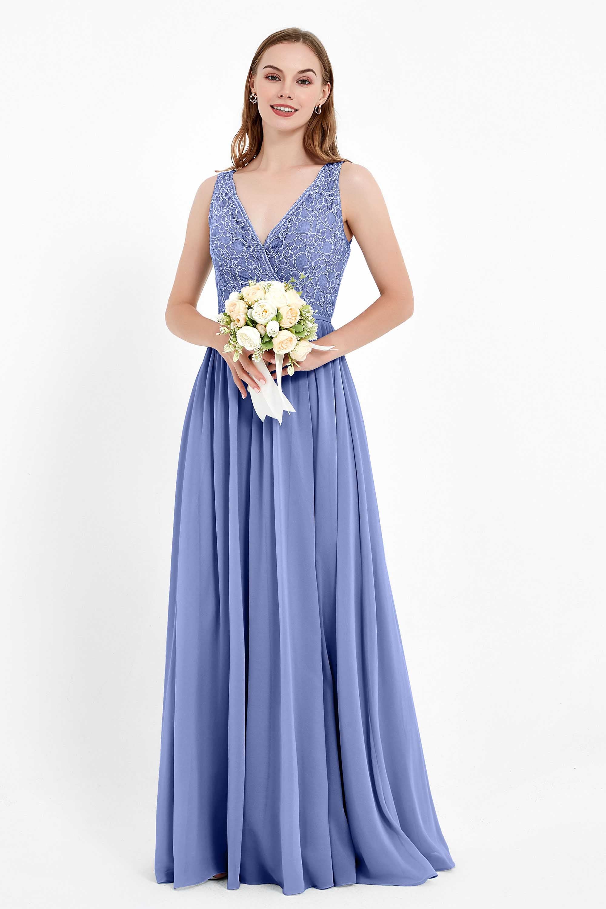 Ruched Chiffon Lace V Neck Bridesmaid Dress Sleeveless Formal Evening Dresses gowns
