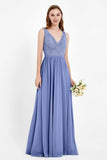 Ruched Chiffon Lace V Neck Bridesmaid Dress Sleeveless Formal Evening Dresses gowns