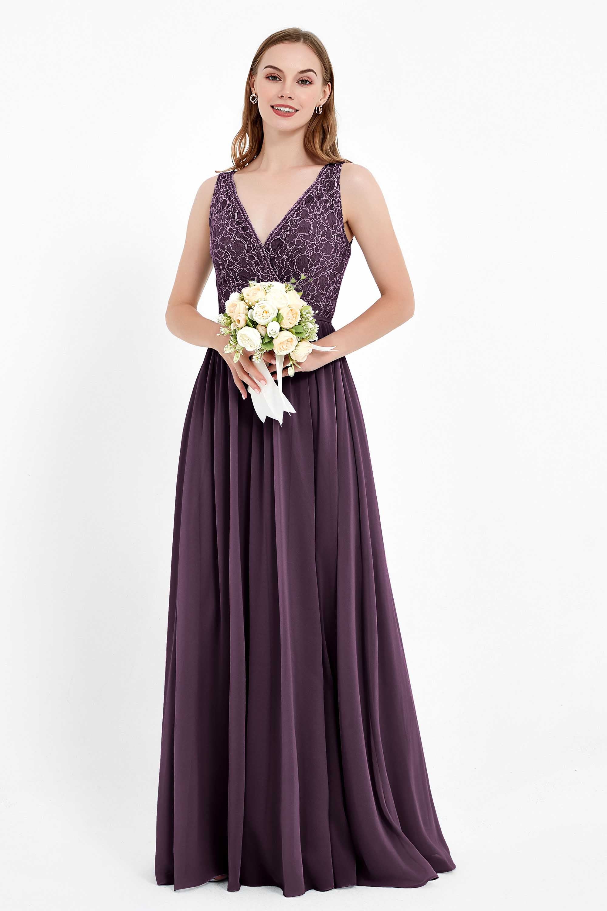 Ruched Chiffon Lace V Neck Bridesmaid Dress Sleeveless Formal Evening Dresses gowns