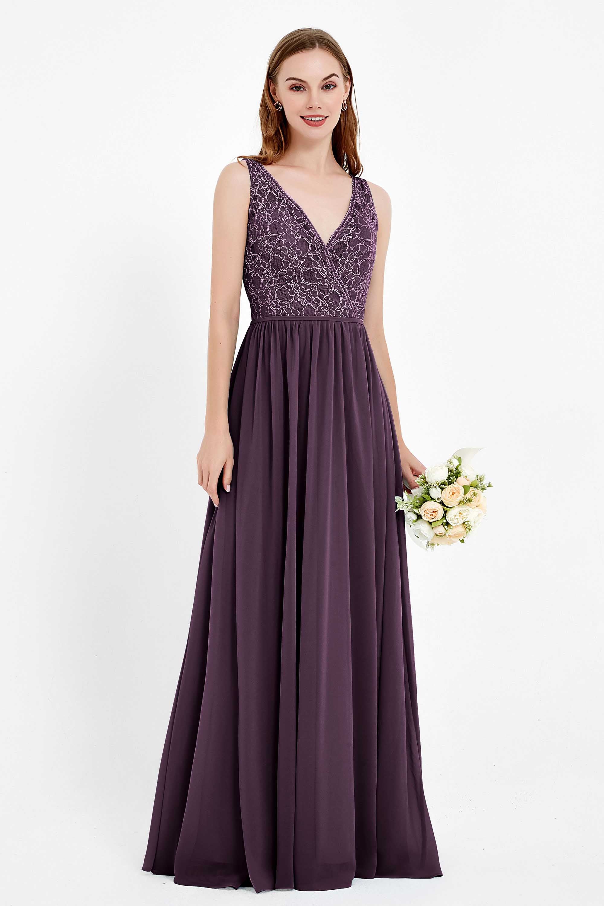 Ruched Chiffon Lace V Neck Bridesmaid Dress Sleeveless Formal Evening Dresses gowns