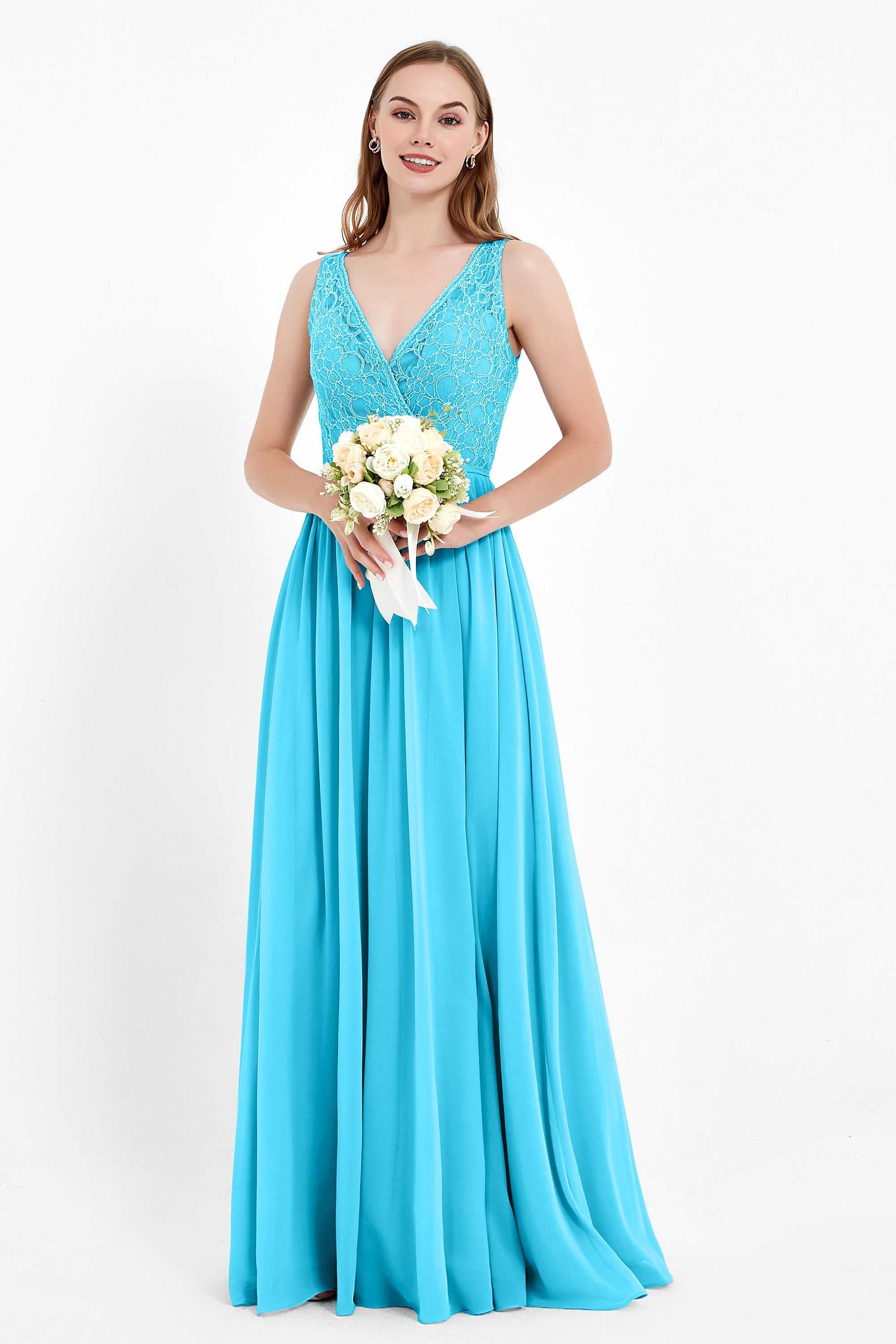 Ruched Chiffon Lace V Neck Bridesmaid Dress Sleeveless Formal Evening Dresses gowns