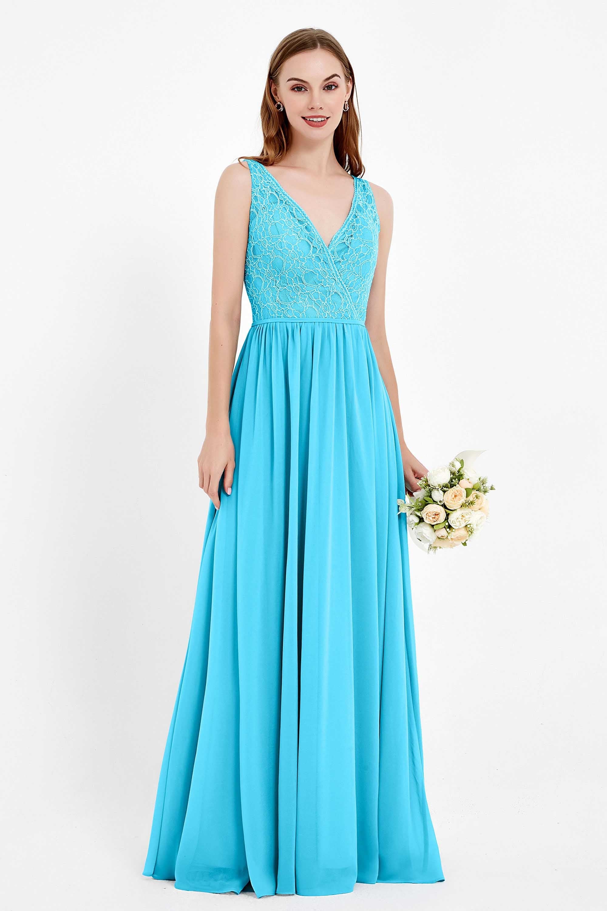 Ruched Chiffon Lace V Neck Bridesmaid Dress Sleeveless Formal Evening Dresses gowns