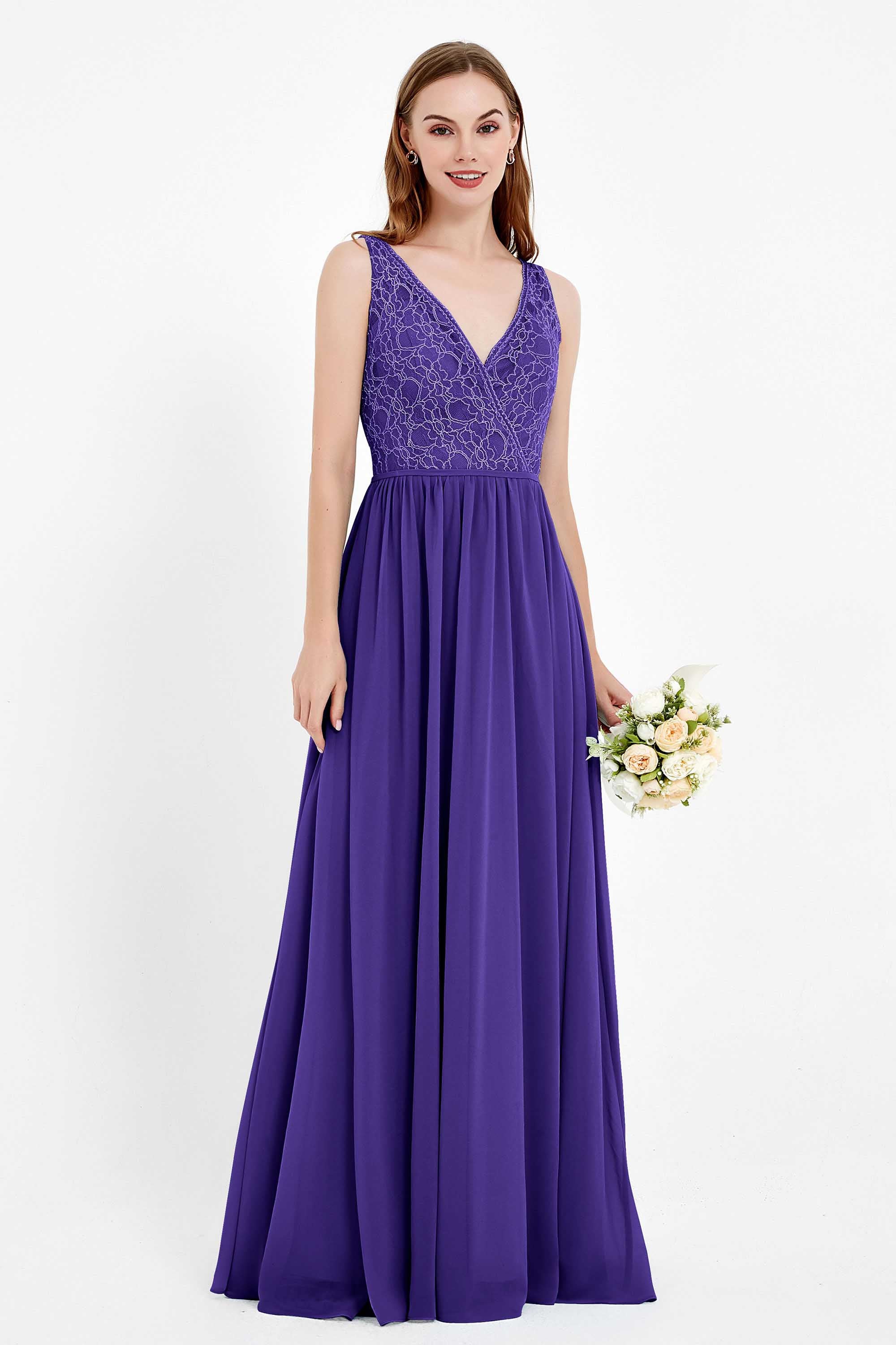 Ruched Chiffon Lace V Neck Bridesmaid Dress Sleeveless Formal Evening Dresses gowns