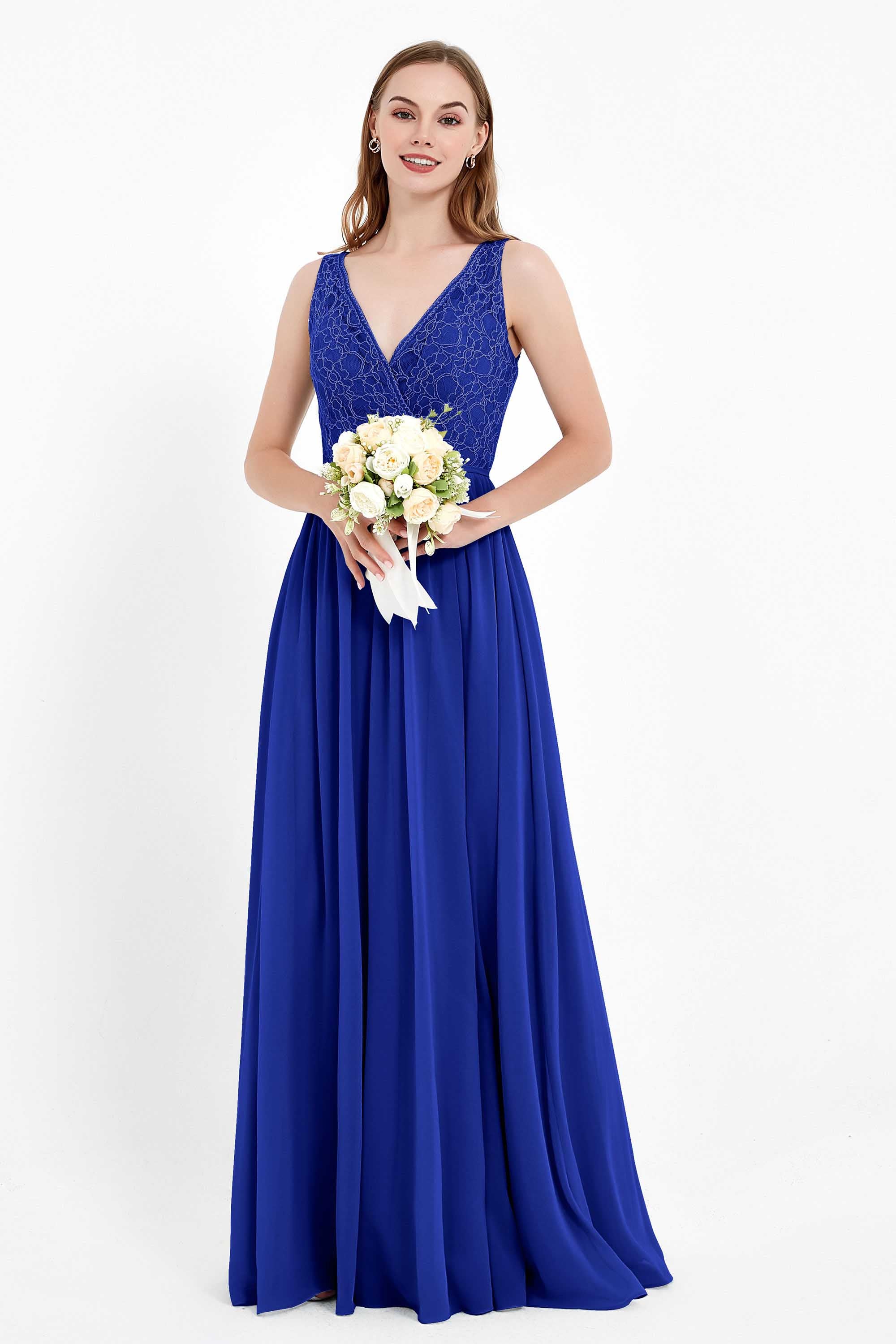Ruched Chiffon Lace V Neck Bridesmaid Dress Sleeveless Formal Evening Dresses gowns