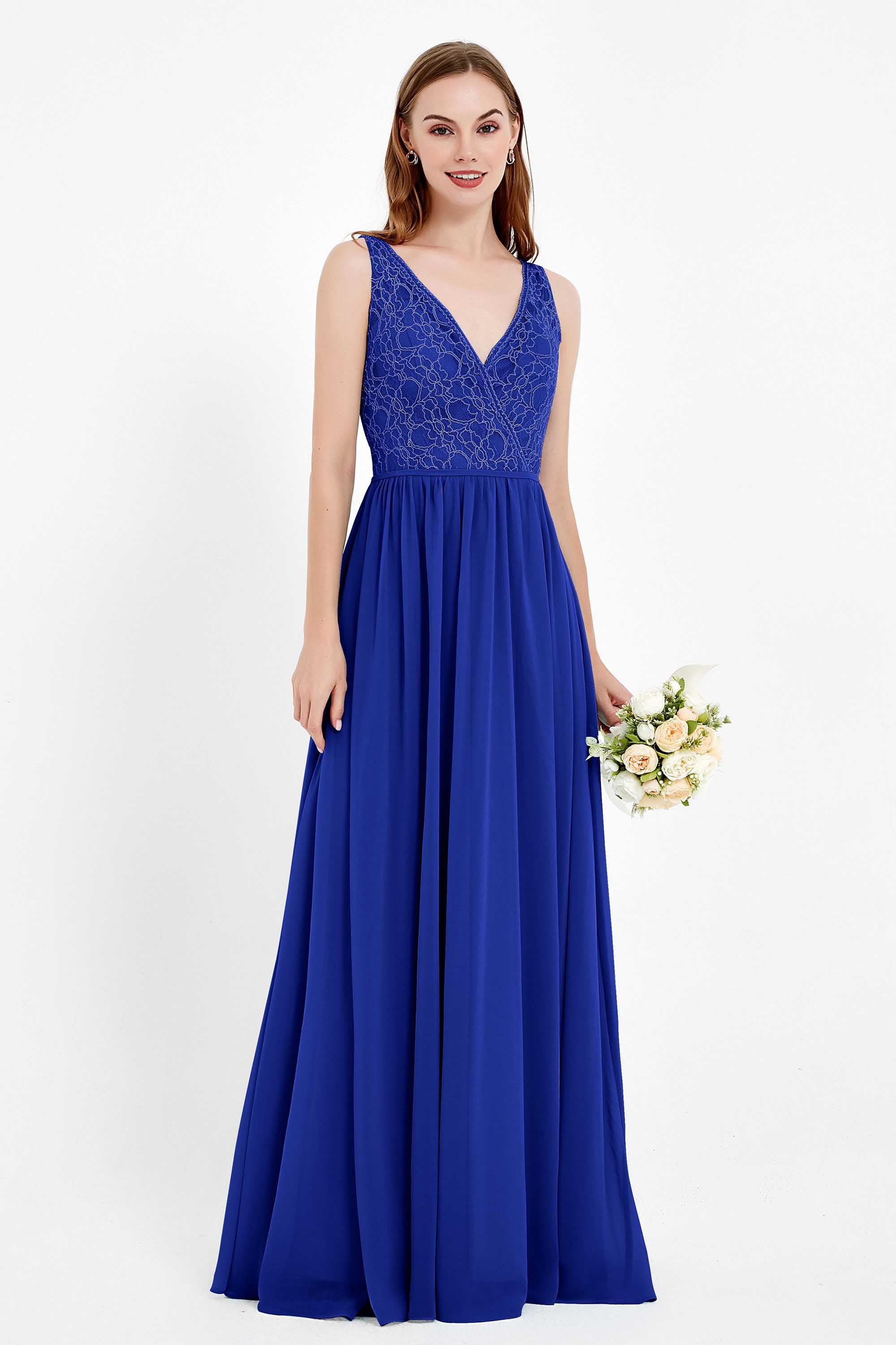 Ruched Chiffon Lace V Neck Bridesmaid Dress Sleeveless Formal Evening Dresses gowns