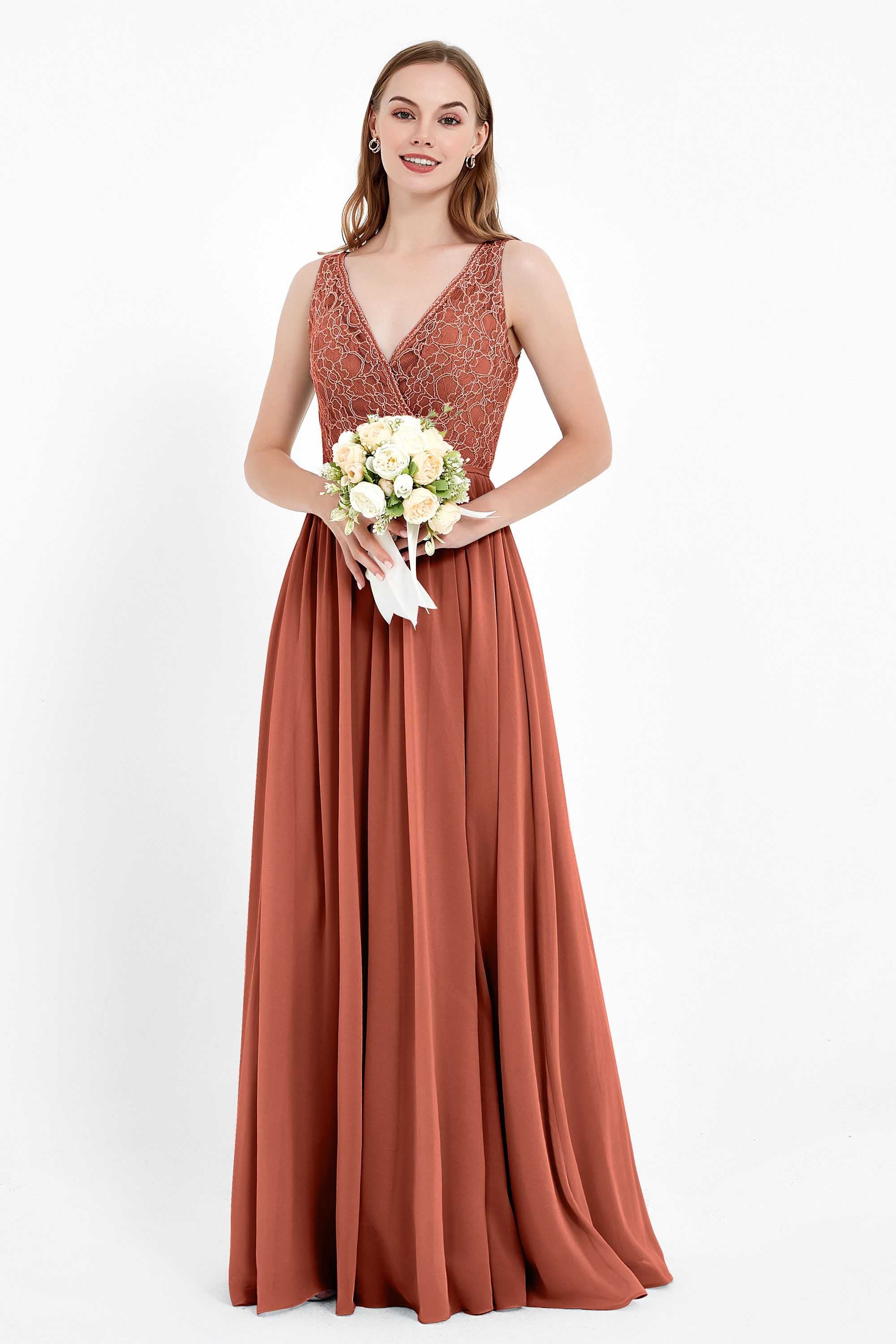 Ruched Chiffon Lace V Neck Bridesmaid Dress Sleeveless Formal Evening Dresses gowns