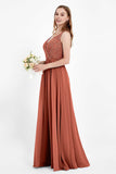 Ruched Chiffon Lace V Neck Bridesmaid Dress Sleeveless Formal Evening Dresses gowns