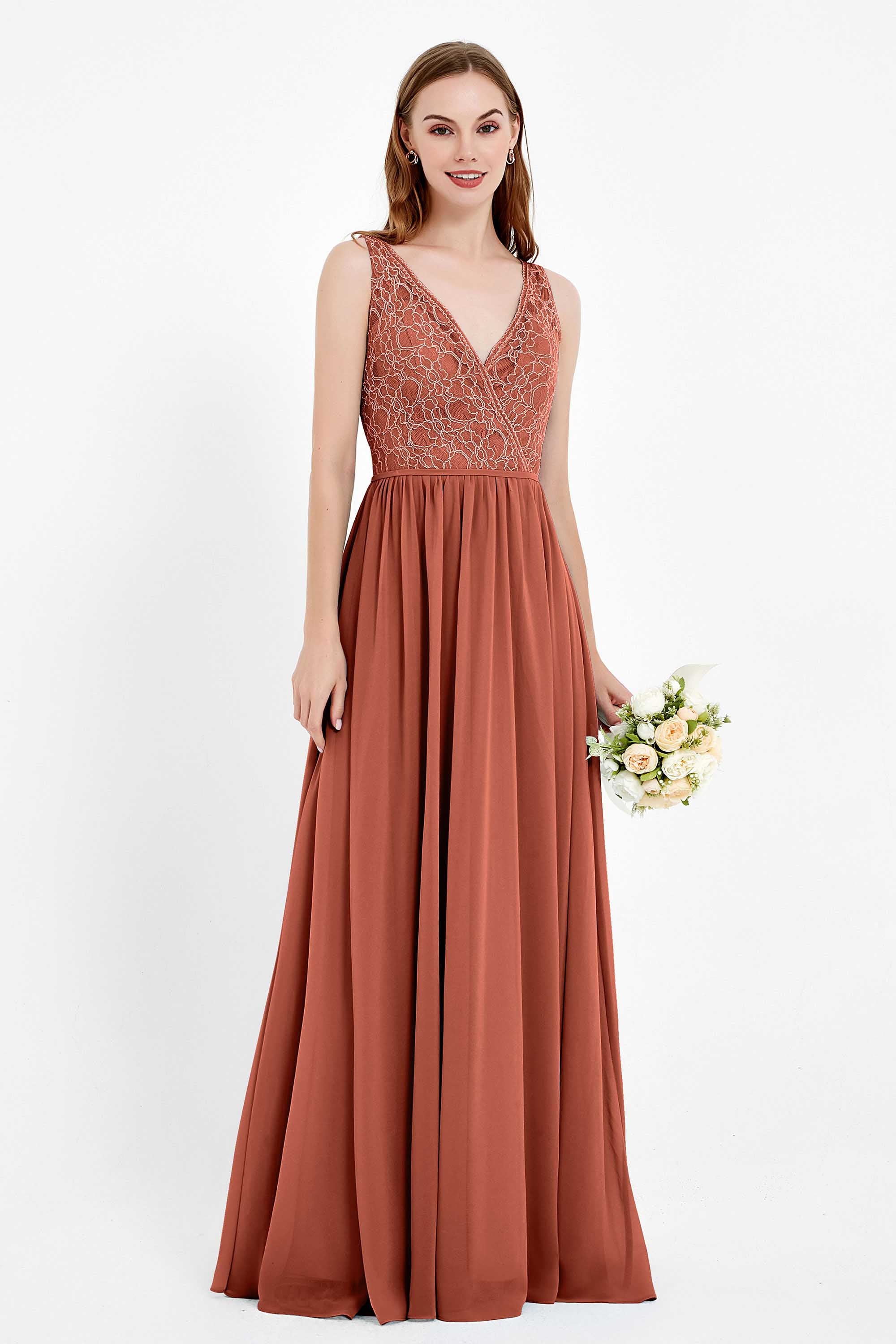 Ruched Chiffon Lace V Neck Bridesmaid Dress Sleeveless Formal Evening Dresses gowns