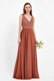 Ruched Chiffon Lace V Neck Bridesmaid Dress Sleeveless Formal Evening Dresses gowns