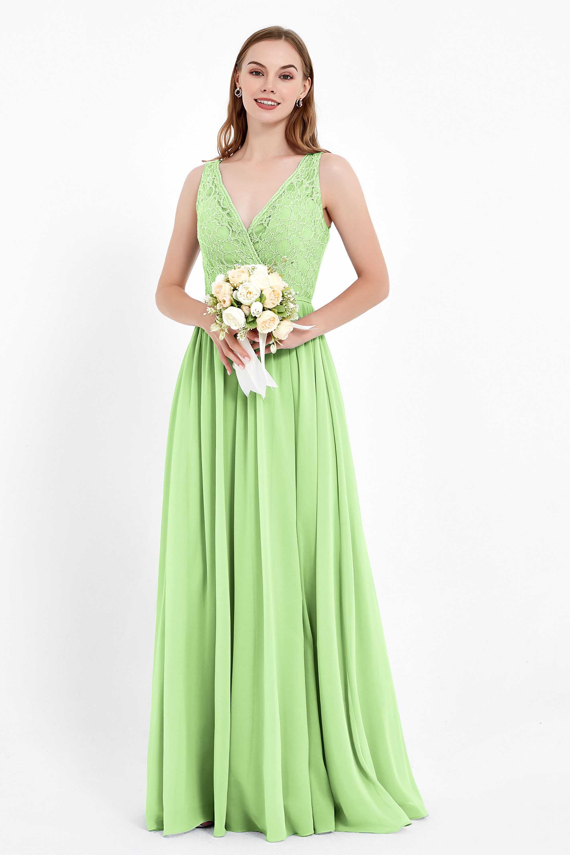 Ruched Chiffon Lace V Neck Bridesmaid Dress Sleeveless Formal Evening Dresses gowns