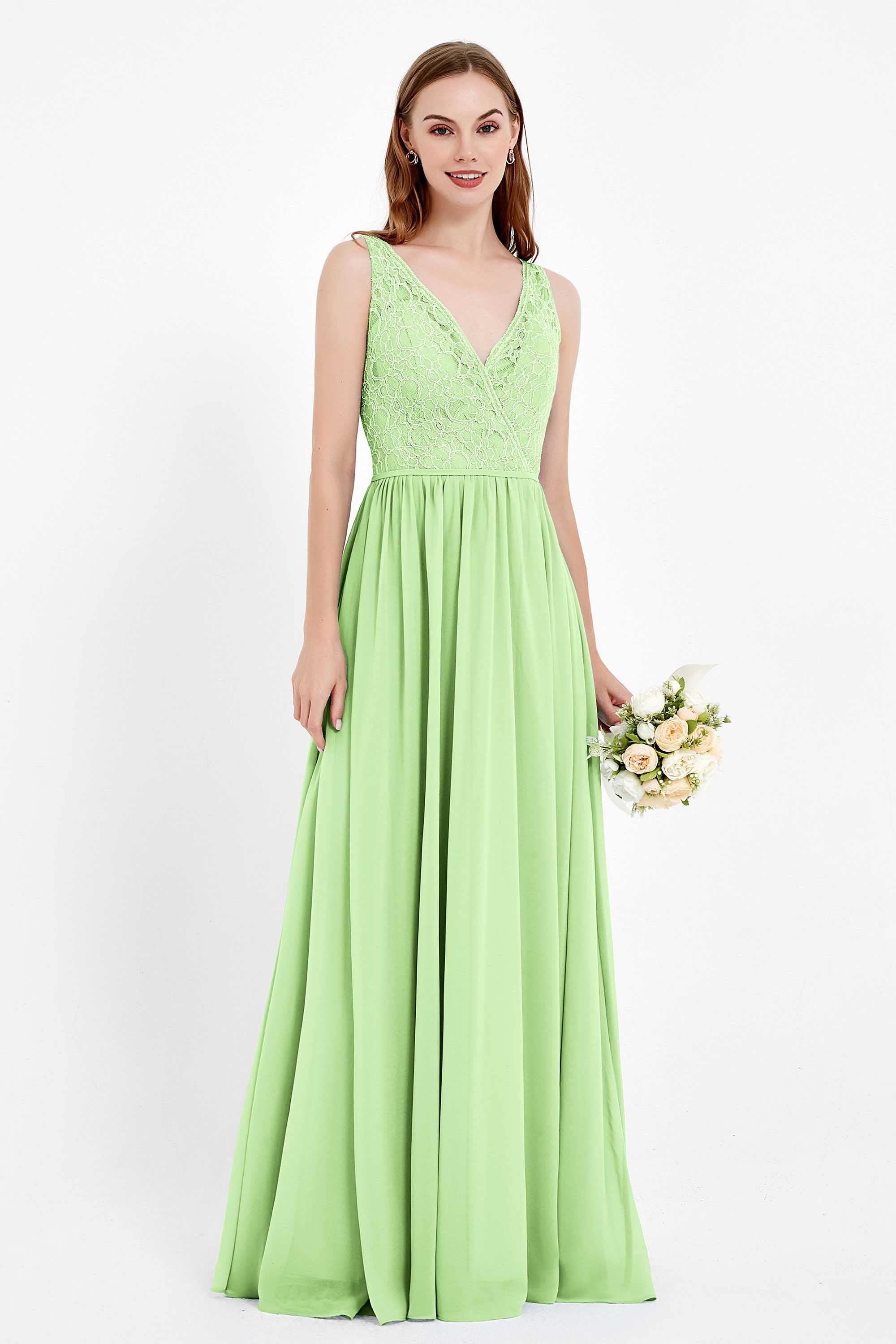 Ruched Chiffon Lace V Neck Bridesmaid Dress Sleeveless Formal Evening Dresses gowns