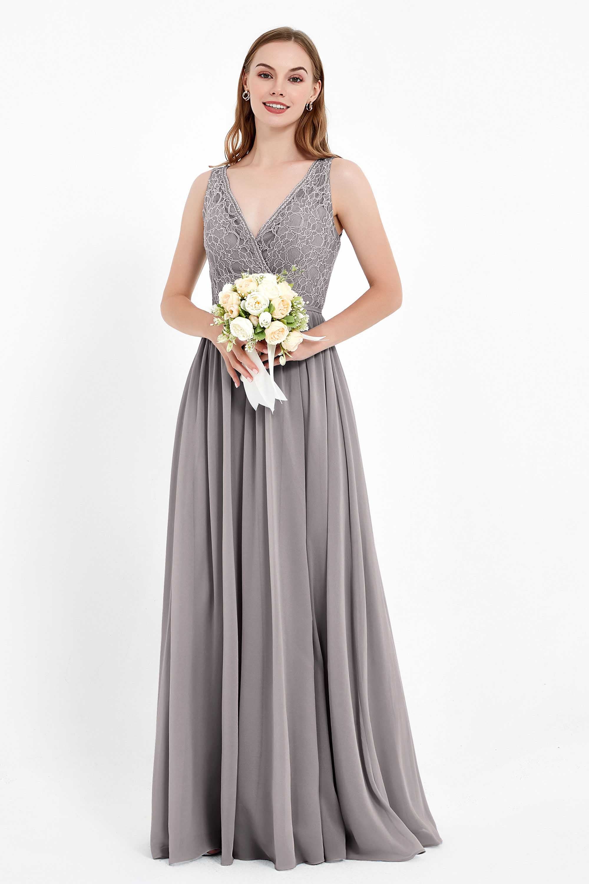 Ruched Chiffon Lace V Neck Bridesmaid Dress Sleeveless Formal Evening Dresses gowns