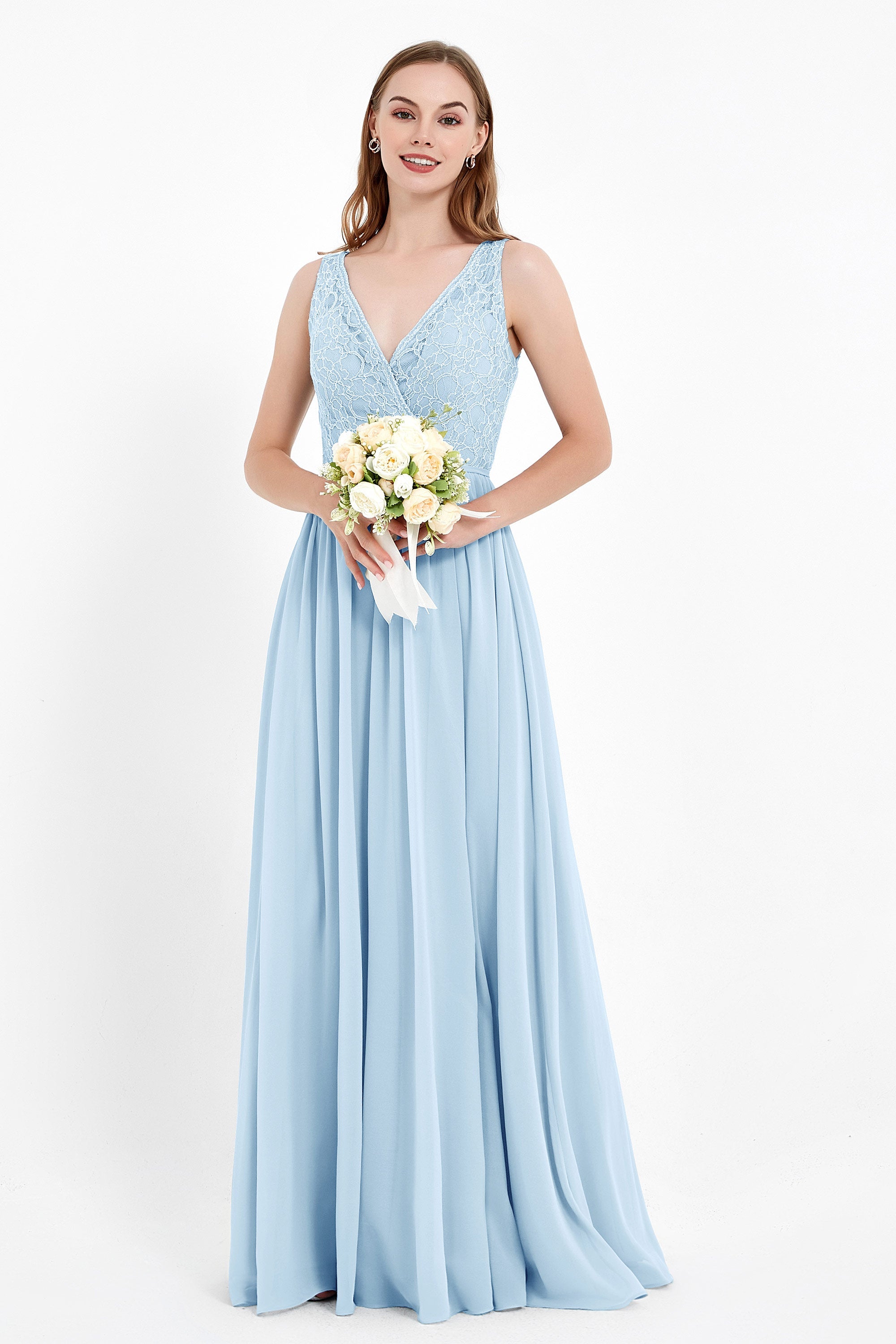 Ruched Chiffon Lace V Neck Bridesmaid Dress Sleeveless Formal Evening Dresses gowns