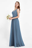 Ruched Chiffon Lace V Neck Bridesmaid Dress Sleeveless Formal Evening Dresses gowns