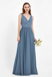 Ruched Chiffon Lace V Neck Bridesmaid Dress Sleeveless Formal Evening Dresses gowns