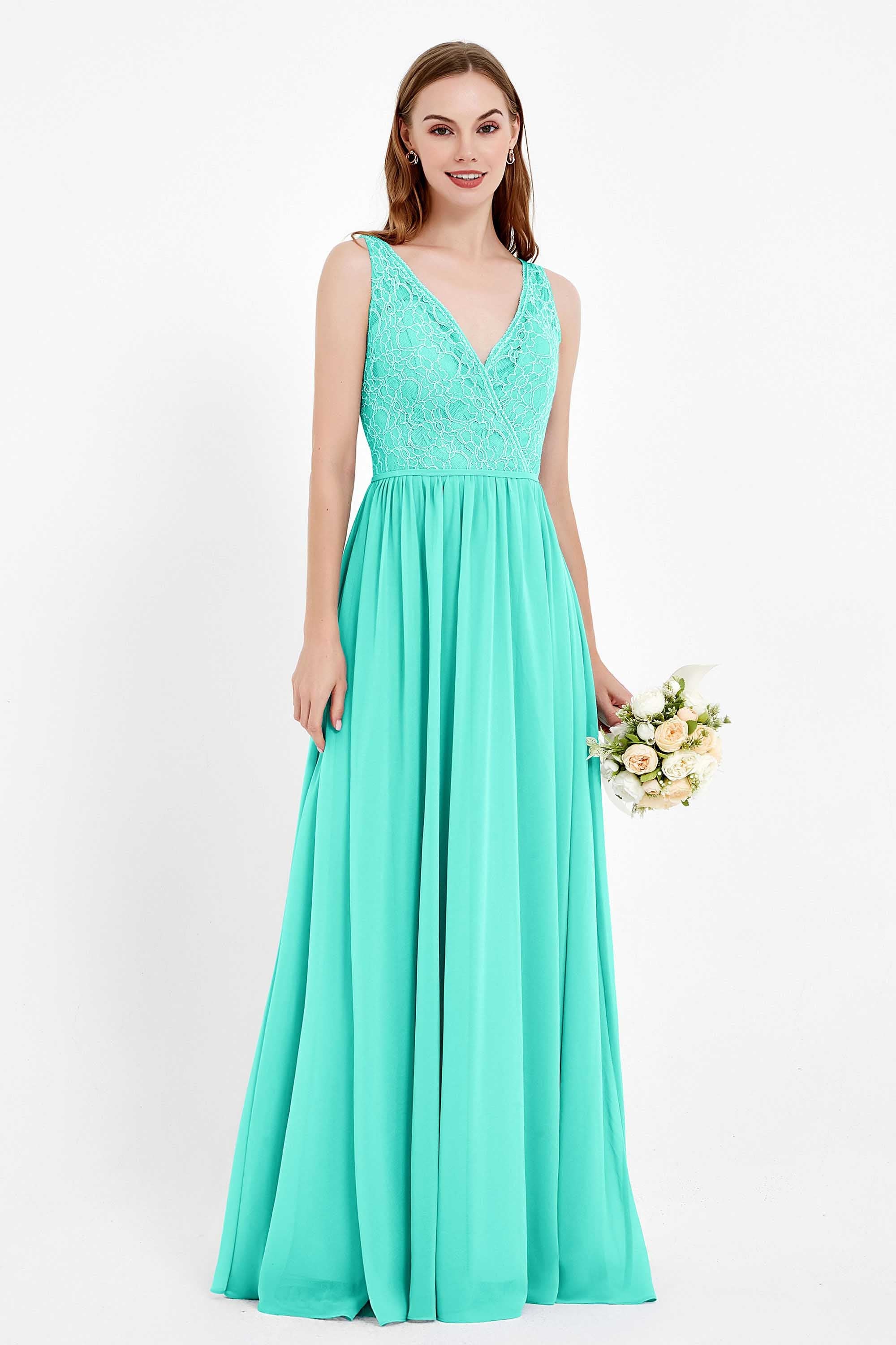 Ruched Chiffon Lace V Neck Bridesmaid Dress Sleeveless Formal Evening Dresses gowns