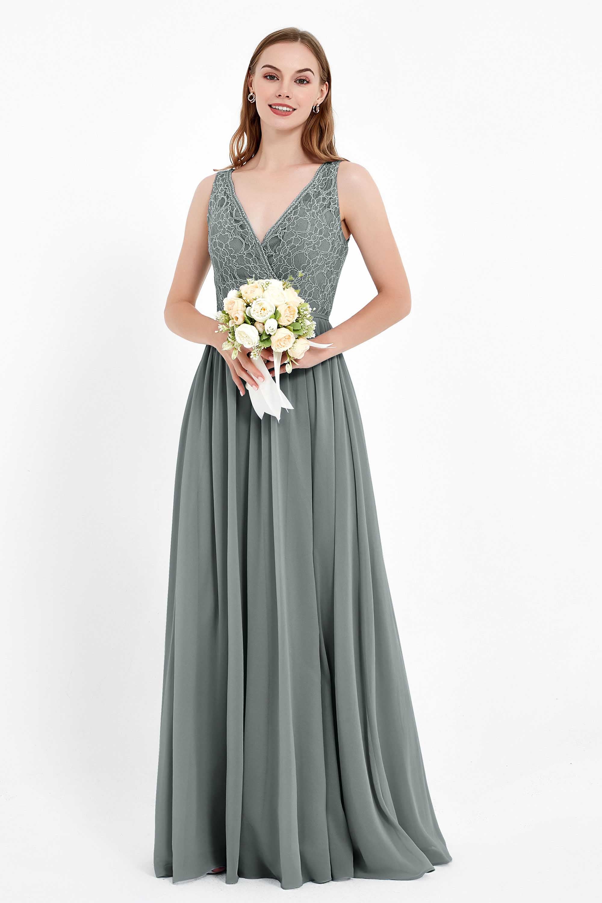 Ruched Chiffon Lace V Neck Bridesmaid Dress Sleeveless Formal Evening Dresses gowns