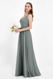 Ruched Chiffon Lace V Neck Bridesmaid Dress Sleeveless Formal Evening Dresses gowns