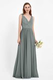 Ruched Chiffon Lace V Neck Bridesmaid Dress Sleeveless Formal Evening Dresses gowns