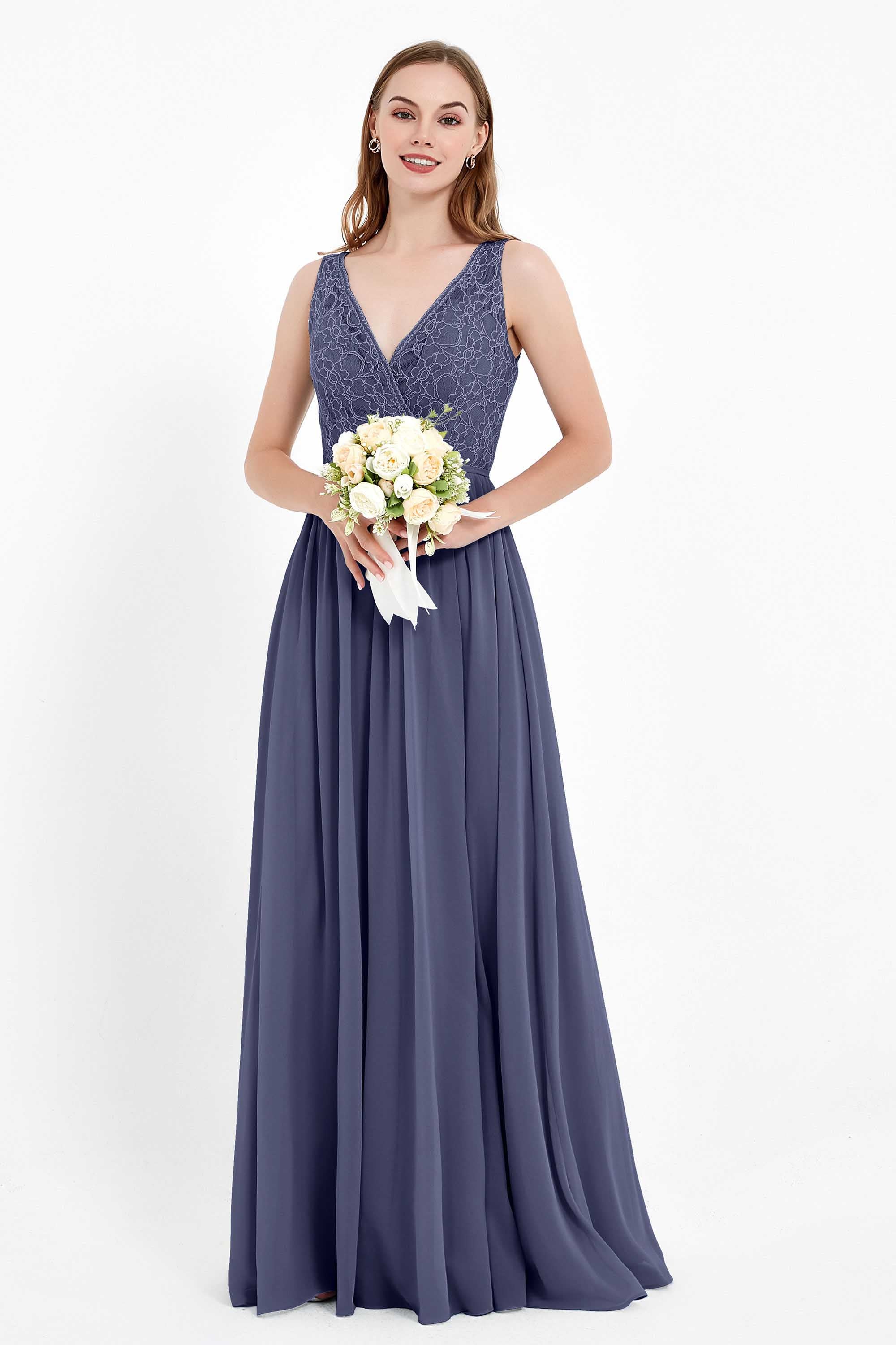 Ruched Chiffon Lace V Neck Bridesmaid Dress Sleeveless Formal Evening Dresses gowns