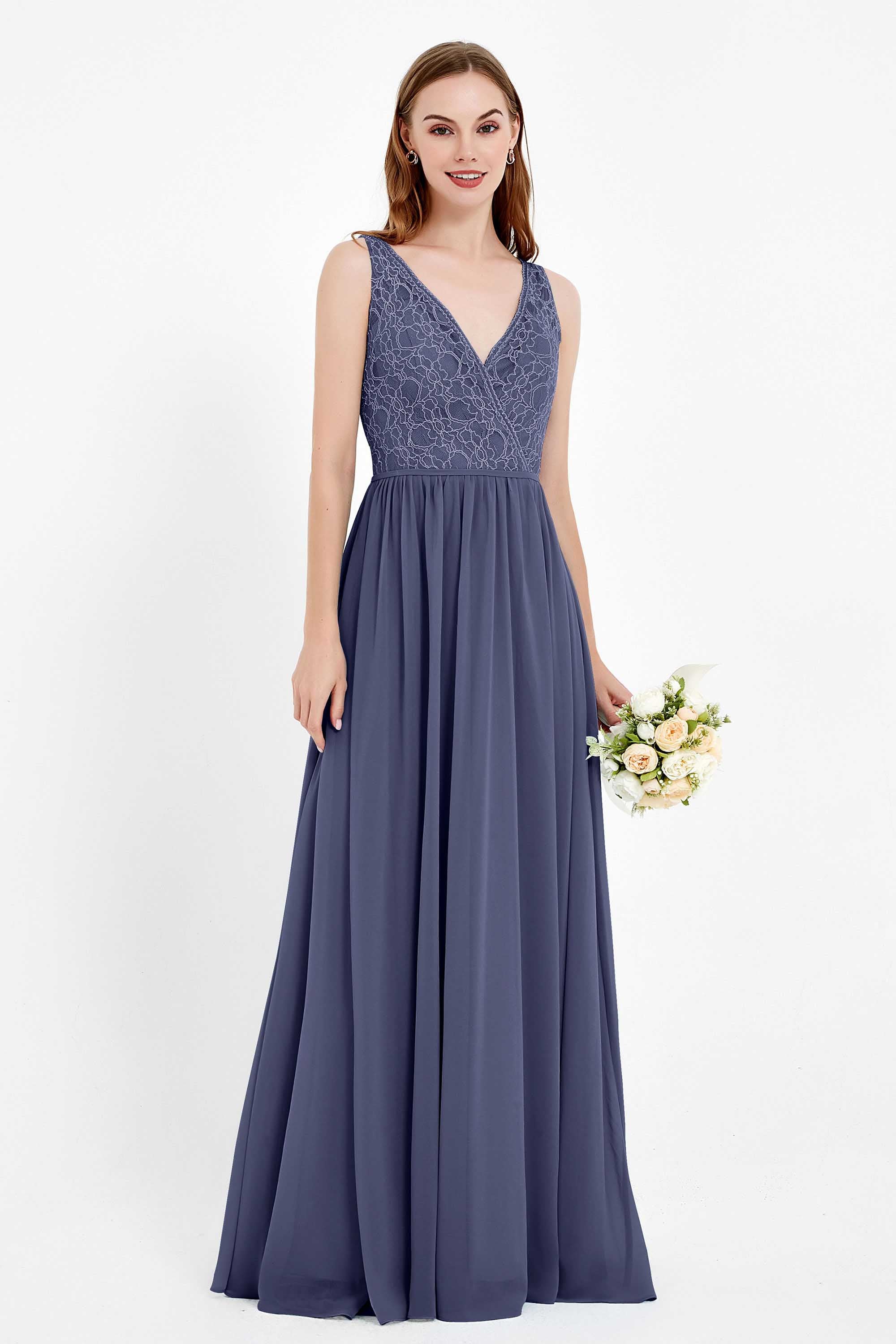 Ruched Chiffon Lace V Neck Bridesmaid Dress Sleeveless Formal Evening Dresses gowns